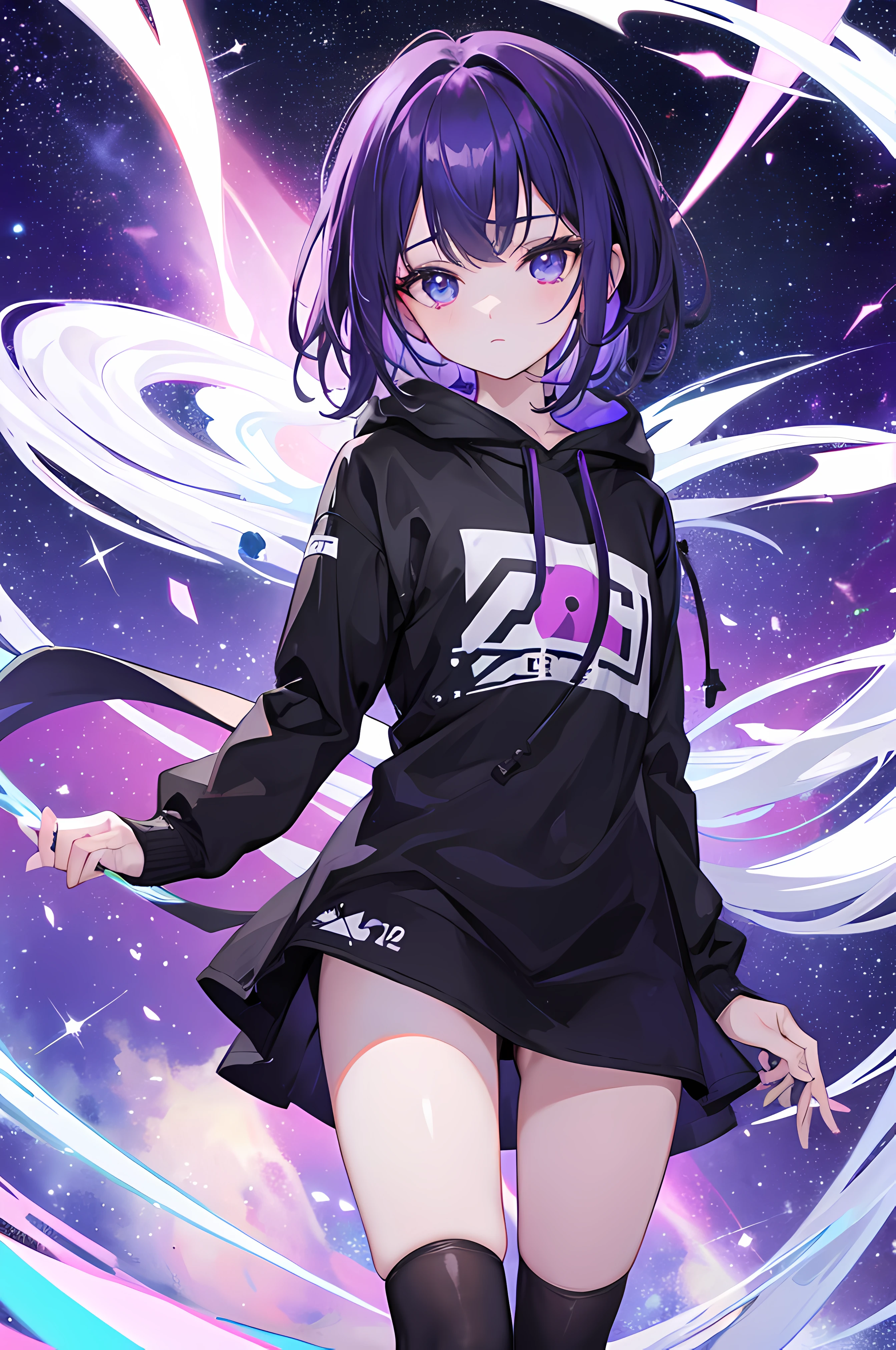 Chica anime con cabello morado y vestido negro en el espacio. - SeaArt AI