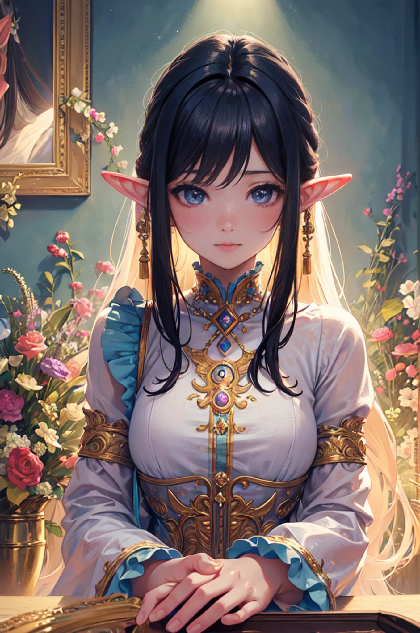 (best quality,ultra-detailed),(realistic:1.37) portrait of a cute girl with mesugaki hairstyle. She has a beautiful face, with mesmerizing eyes and luscious long hair. She embodies the essence of an elf, radiating a magical aura. The portrait captures her innocence and charm, highlighting her cute features and captivating smile. The artwork is created using a medium of exquisite digital painting, which brings out the intricate details and vibrant colors. The lighting is soft and gentle, illuminating her face with a warm glow. The overall color palette is delicate, with pastel tones that add to the dreamy atmosphere. The high-resolution artwork showcases the finest craftsmanship and attention to detail, making it a true masterpiece.
