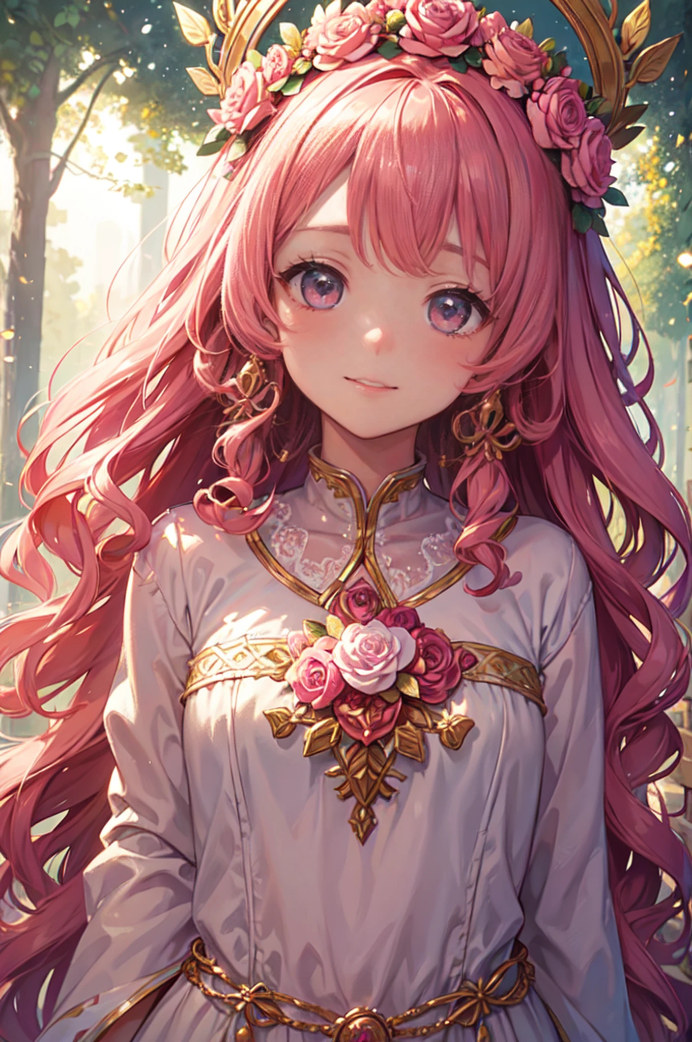 (best quality,ultra-detailed),portrait,pink color palette,soft lighting,adorable expression,innocent smile,sparkling eyes,flowing curly hair,flower crown,golden earrings,dress with lace details,fair skin complexion,rosy cheeks,shy pose,enchanted forest background