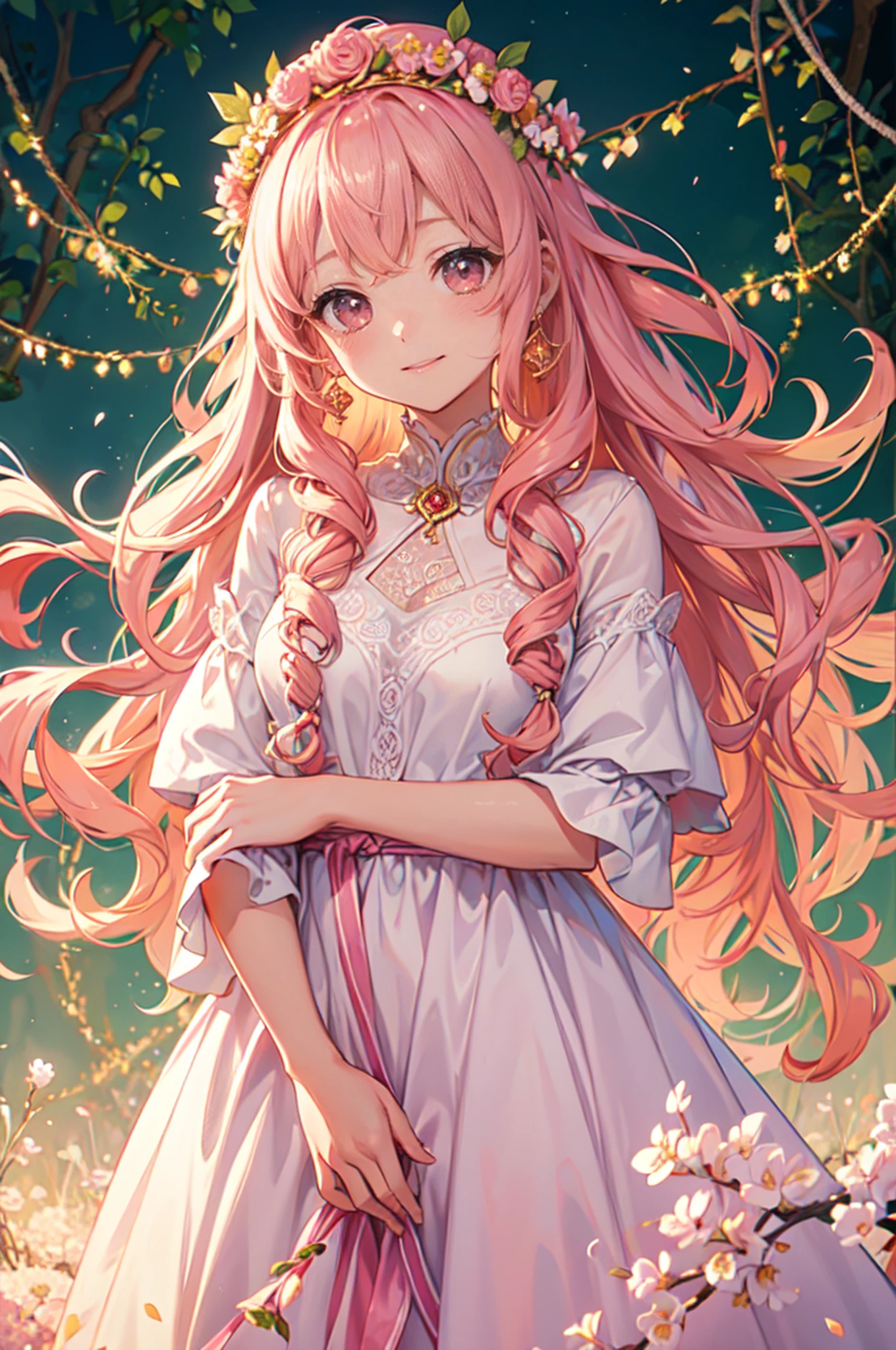 (best quality,ultra-detailed),portrait,pink color palette,soft lighting,adorable expression,innocent smile,sparkling eyes,flowing curly hair,flower crown,golden earrings,dress with lace details,fair skin complexion,rosy cheeks,shy pose,enchanted forest background