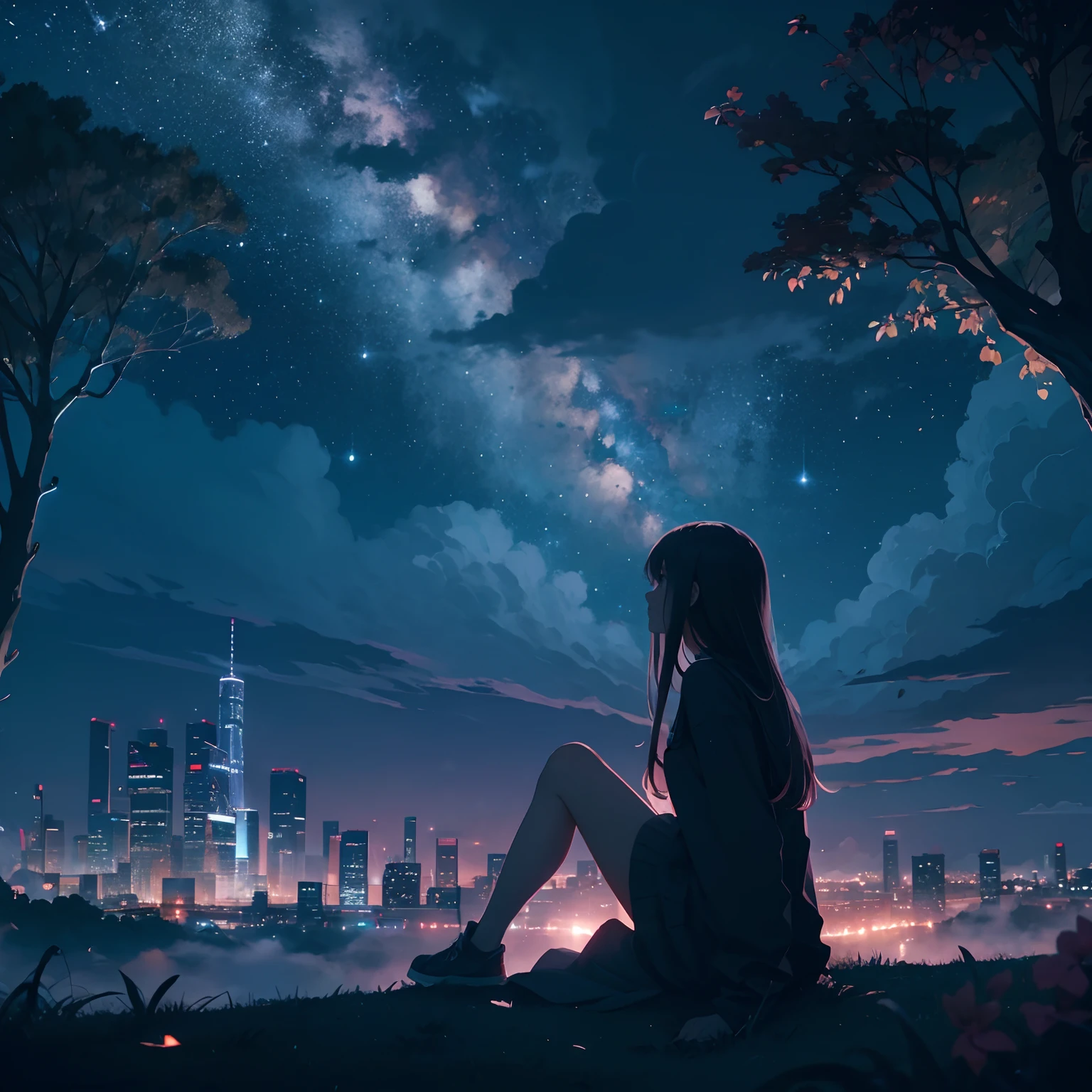 octans, sky, star (sky), scenery, starry sky, night, 1girl, night sky, solo, outdoors, building, cloud, milky way, sitting, tree, long hair, city, silhouette, cityscape