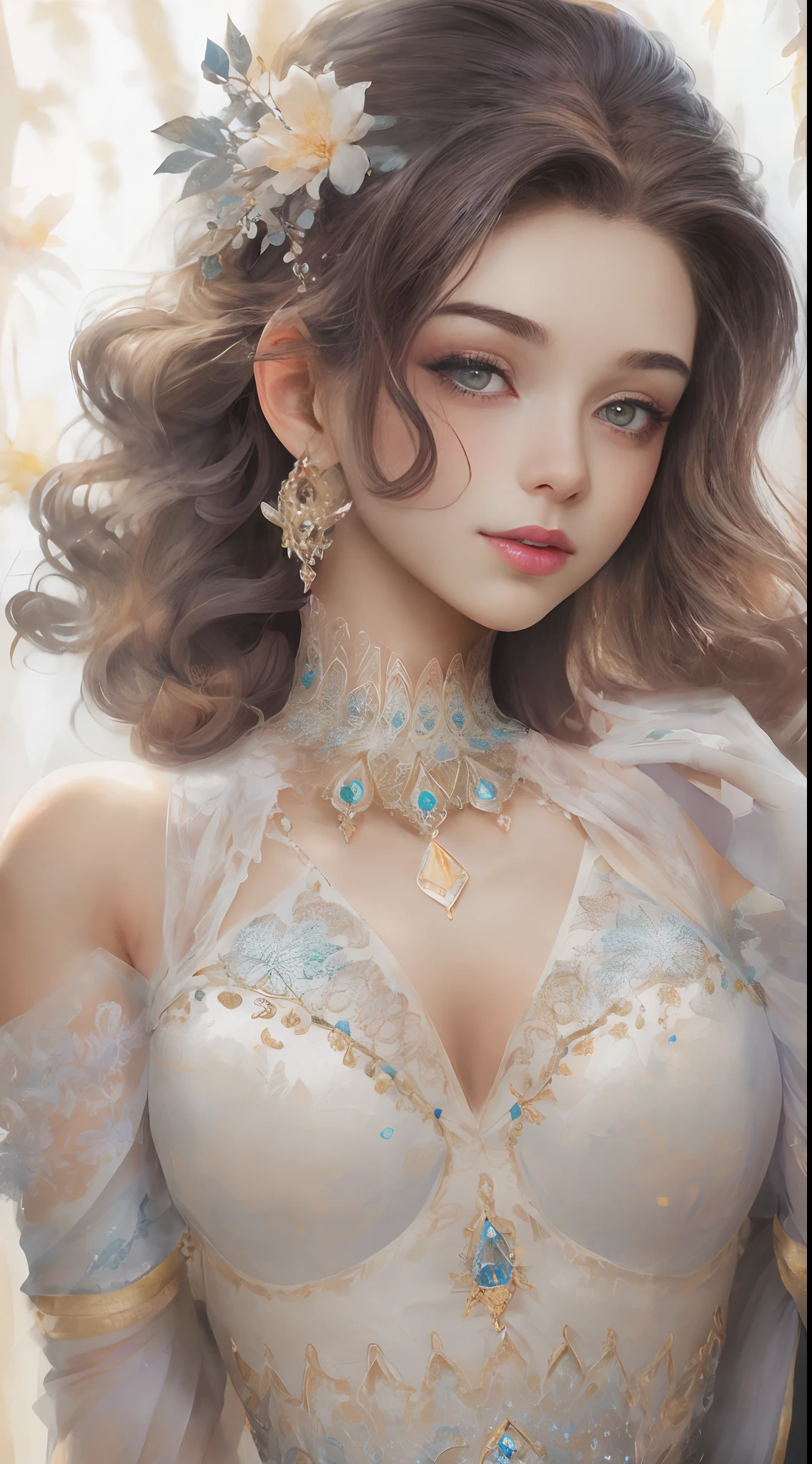 (Best quality, 4K, 8K, A high resolution, Masterpiece:1.2), Ultra-detailed, Realistic portrait of the upper body of an 18 year old aristocratic girl, Exquisite facial features，Clear and shiny eyes，Long curly hair details expressed, The posture is leisurely and natural，Graceful posture, The golden ratio of the head and body，Dreamy atmosphere, expressive brush strokes, mystical ambiance, Artistic interpretation,Delicately coiled hair，Floral filigree crystal diamond jewelry，Ultra-extreme detail，Exquisite details，Fresh aesthetics，Stunning intricate costumes, Fantasy illustration, Subtle colors and tones, mystical aura,The details have been upgraded