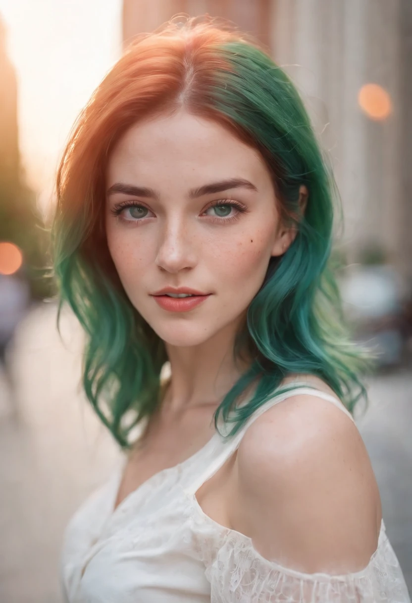 A woman with green hair and blue eyes standing on a street - SeaArt AI