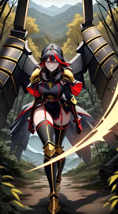 ((Masterpiece, Best Quality)): 1Girl, Princess Ryuko matoi wearing Heavy red black and gold Knight Armor, heavy mech armor, cybe...