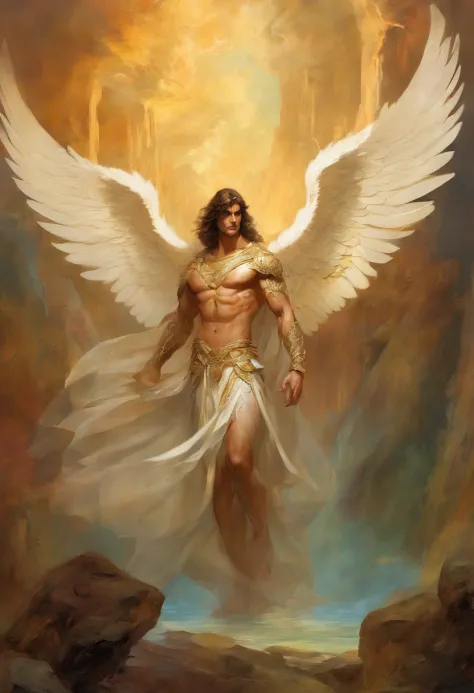a painting of an angel man, with a beautiful face, ((looking forward)),((muscular body of man, sculptural body, strong,well-turned and muscular legs)), ((The rcanjo Miguel)), ((with several huge wings)), ((angel wings)), various positions (((full body shot...