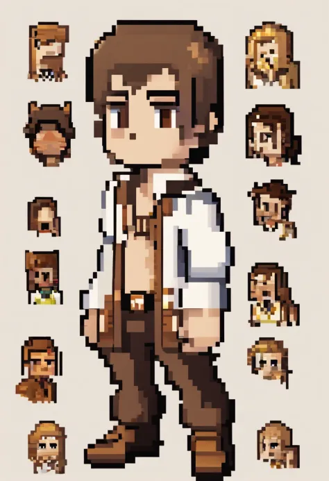 Ancient European aristocratic dress，young  male，shoun，Noble boy，white pantie，Deerskin booties，with short brown hair，Sepia pupils，white backgrounid，Delicate facial features