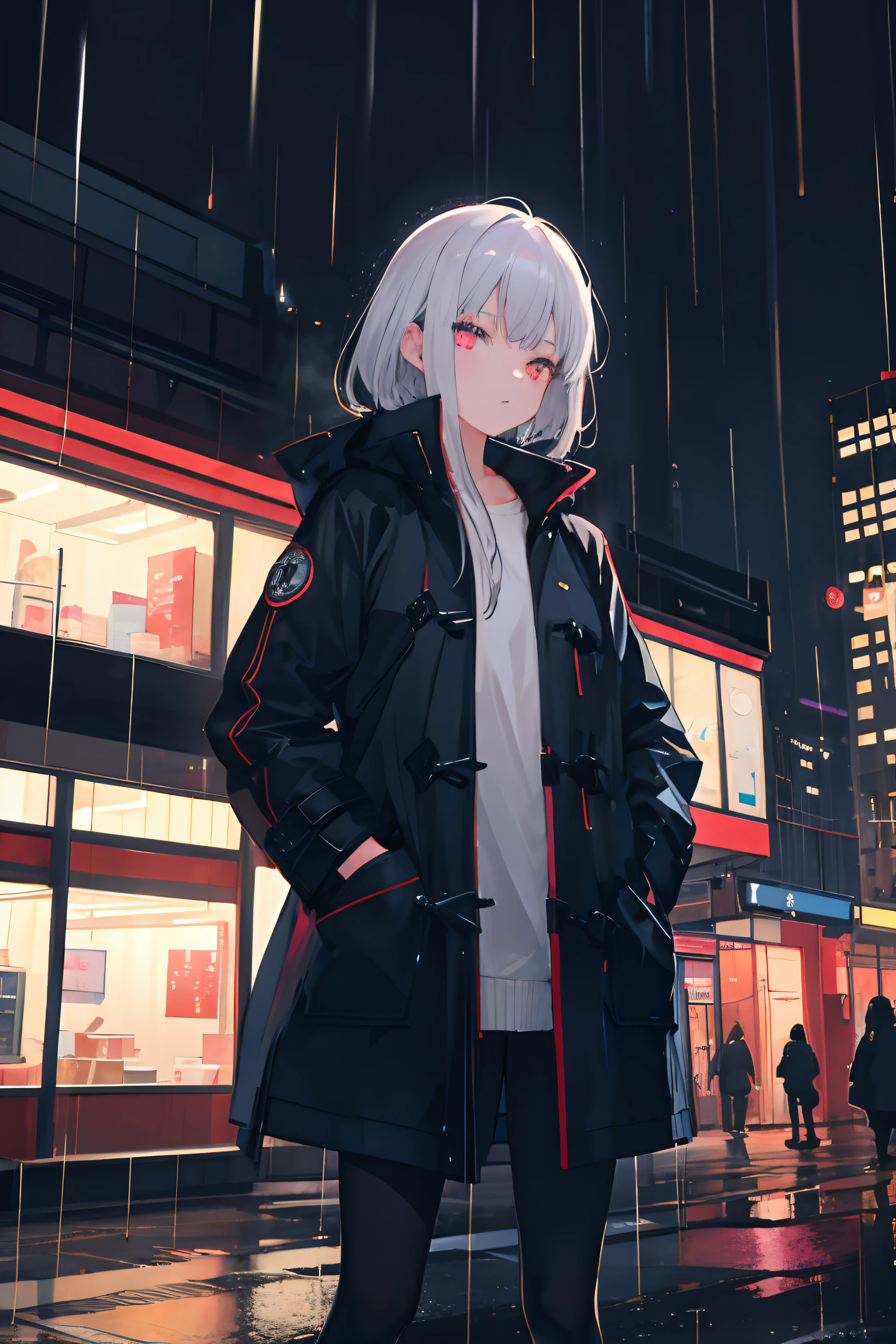 1girl,night city,rain,coat,hands in pockets