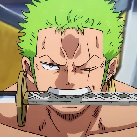 anime character with green hair holding a sword in his mouth, roronoa zoro, from one piece, one piece, one piece style, one piece artstyle, anime masterpiece, menacing look, official art, green head, inspired by Eiichiro Oda, today's featured anime still, ...