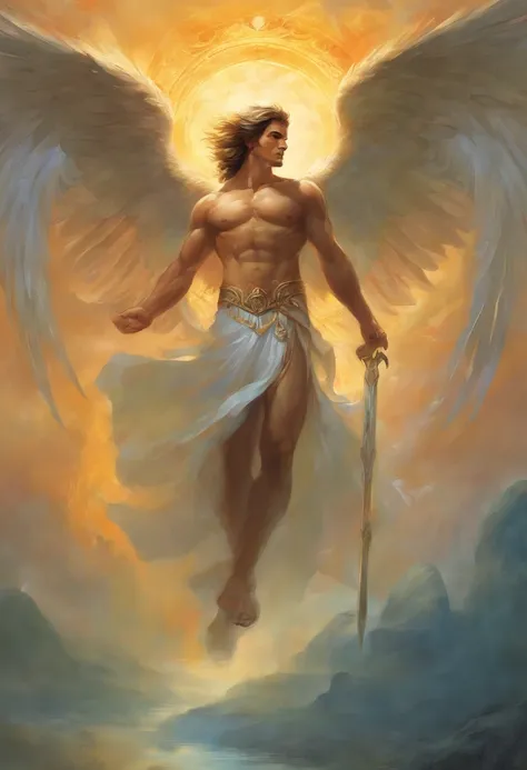 a painting of an angel man, with a beautiful face, ((dramatic look at ...