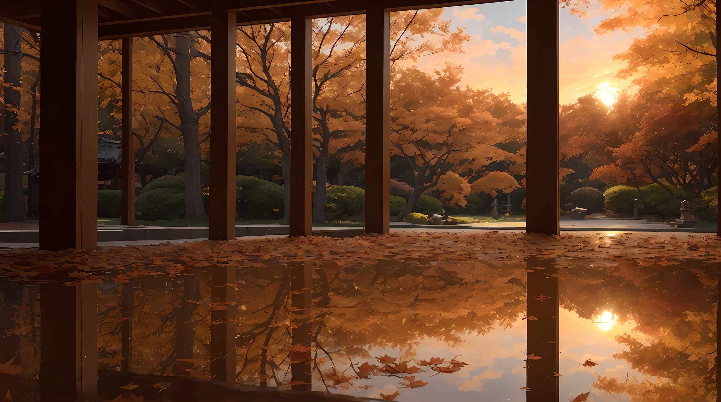 (((sunset:1.5, sunset light:1.3, moody light:1.3, cinematic light:1.3)))), An illustration of the scenery of the autumn leaves are depicted in a double layer due to the mirror reflection of Korin-in, Daitoku-ji Temple. at night, ultra-detailed, hyper-sharp, digital illustration, Place: Daitokuji Korin-in room Time: Autumn Subject: A specular reflection of autumn foliage The illustration depicts the specular reflection of autumn leaves on a table in the interior of Daitokuji Korin-in Temple. The table is in a room with a calm atmosphere like a tea room. The scenery of autumn leaves is clearly projected on the table. The scenery of autumn leaves is thought to have been seen from famous spots for autumn leaves such as the Sanmon Gate and Hojo in the precincts of Daitokuji Temple. The autumn leaves are dyed in various colors such as red, yellow, and orange, creating an atmosphere of autumn. (((In the illustration, the autumn leaves are depicted in a double layer due to the mirror reflection: 1.5))), which further emphasizes the beauty of the autumn leaves. In addition, the mirror reflection connects the interior and the landscape of the precincts, giving a sense of the depth of the space. Fittings such as shoji and fusuma in the room light from window Vividly expressing the colors of autumn leaves Emphasizing the beauty of autumn leaves by mirror reflection Expressing a space where the interior and the scenery of the precincts are connected