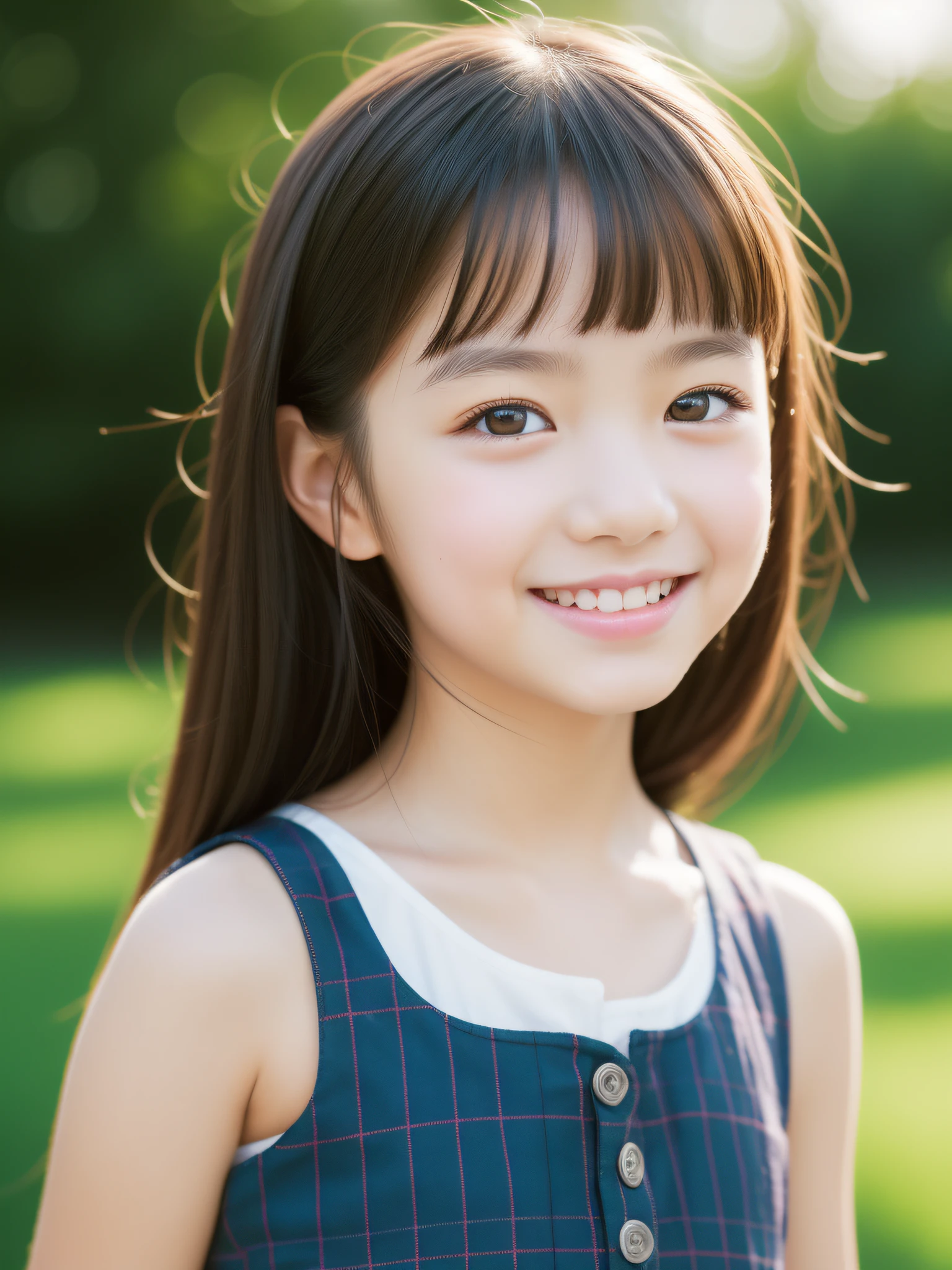 Neat and clean schoolgirl, petite person, (Cute Sleeveless Dresses), (slim, Small, Flat, Small), A darK-haired, Photorealistic, detail, Skin Texture, Ultra Detail, clavicle, Smile with joy, Super Detailed Face, Detailed lips, Detailed eyes,  girl、Delicate eyebrows、Ball bokeh background、(Looking at the photographer)、colourfull、florals、beautiful decollete、nffsw