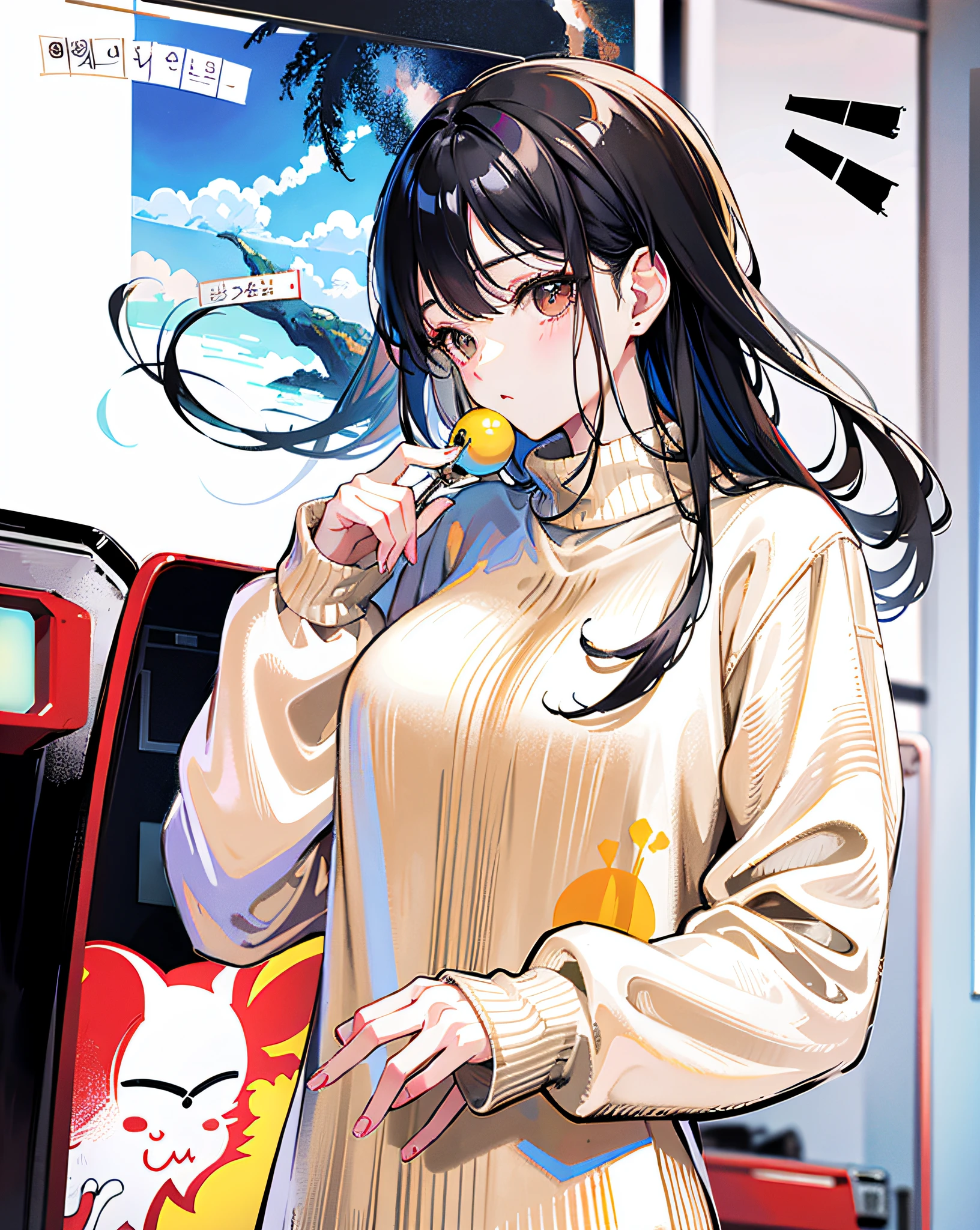 Anime girl with long black hair holding a yellow flower - SeaArt AI