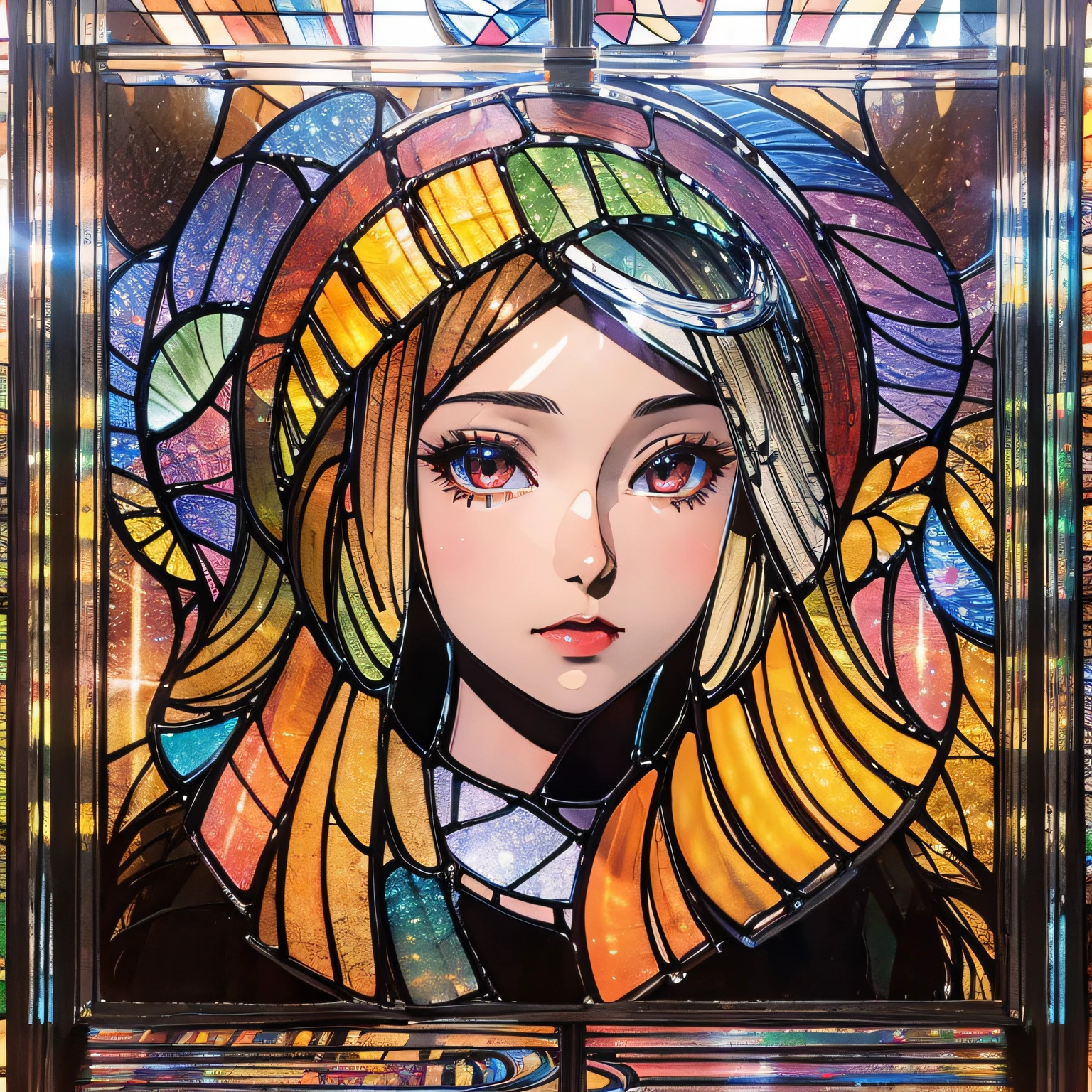 (masutepiece, of the highest quality, Best Quality,Official art, Beautiful and aesthetic:1.2),(1girl in:1.3), 1 Girl BREAK Stained Glass Art, Colored Glass, Lead Line, Light transmission breaks bright colors, intricate designs, luminous effect, Spiritual atmosphere
