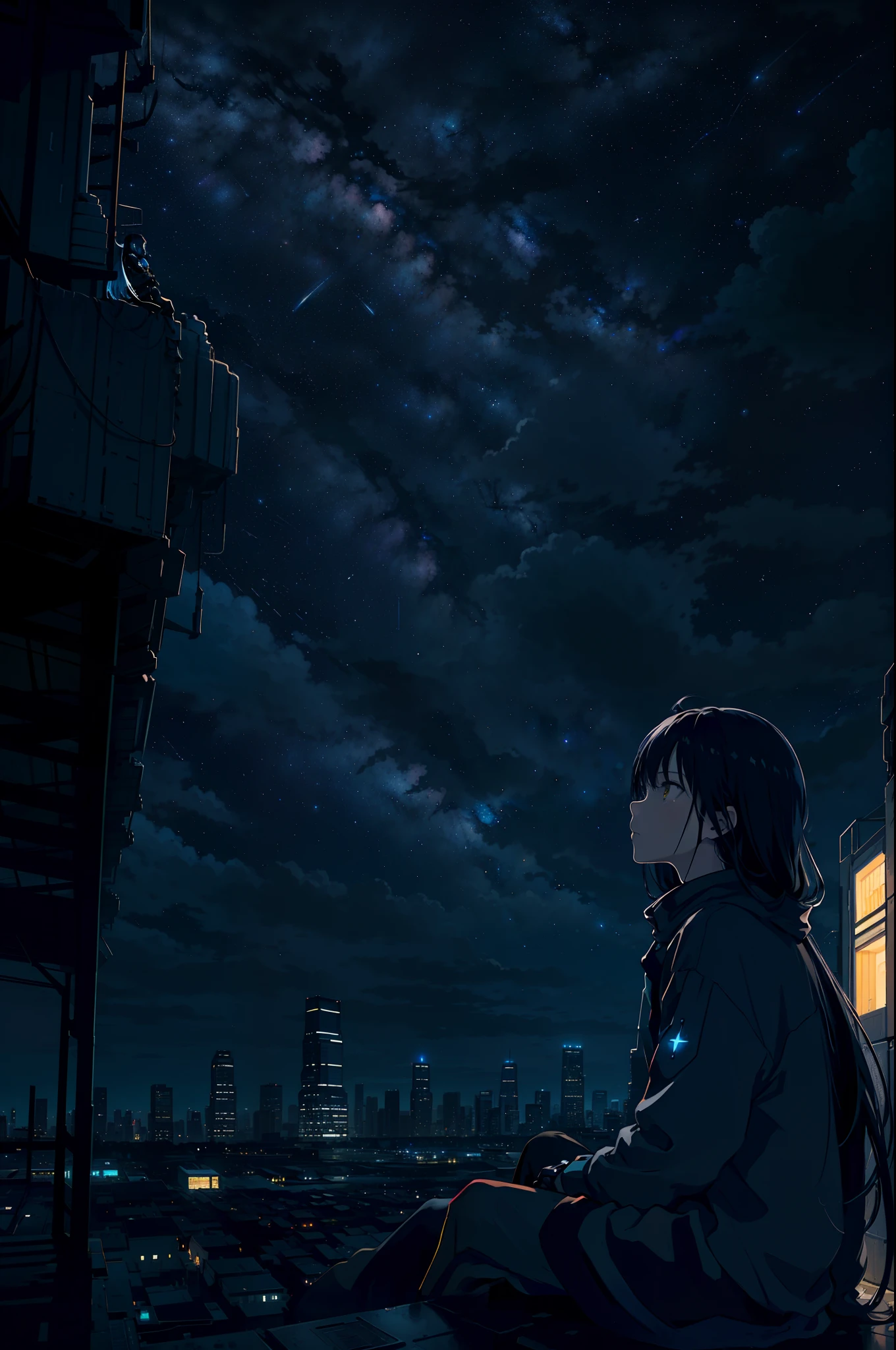 octans, sky, star (sky), landscape, starry sky, night, 1girl, night sky, soil, outdoors, building, cloud, milky way, sitting, tree, long hair, city, silhouette, cyberpunk style cityscape, panoramic vision, spectator watching from above