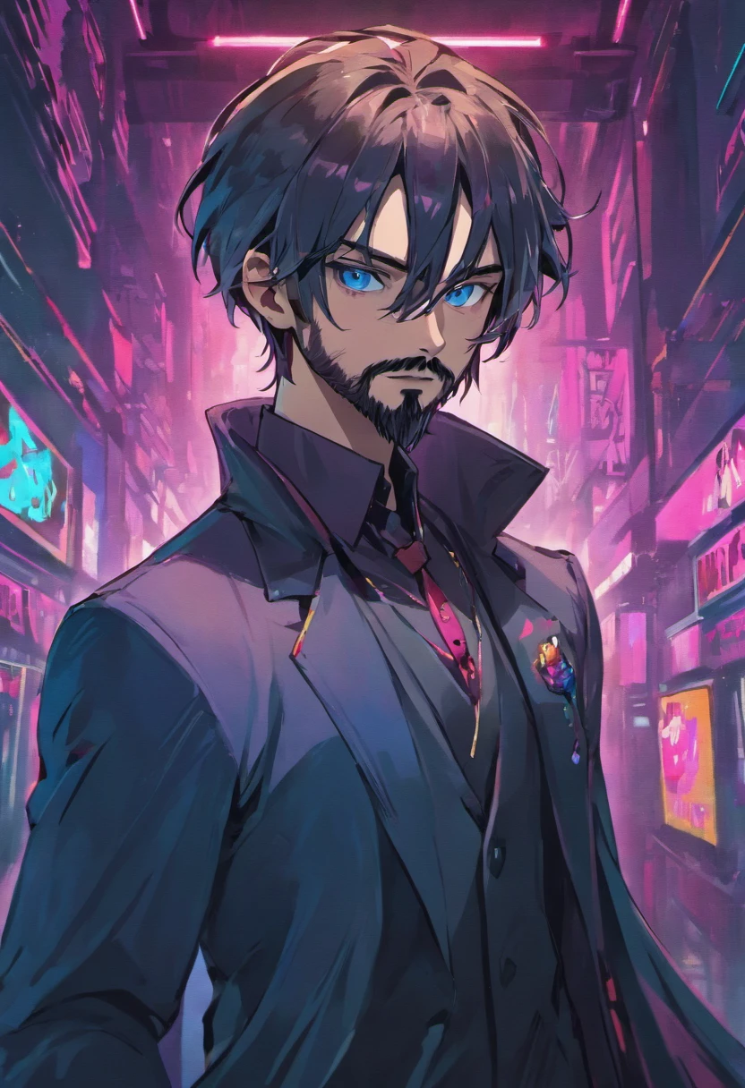 Hombre Cyberpunk con ropa elegante.), (con un largo, barba completa,) (ojos  azules) (retrato) Apariencia hermosa y seria, pelo azul oscuro - SeaArt AI