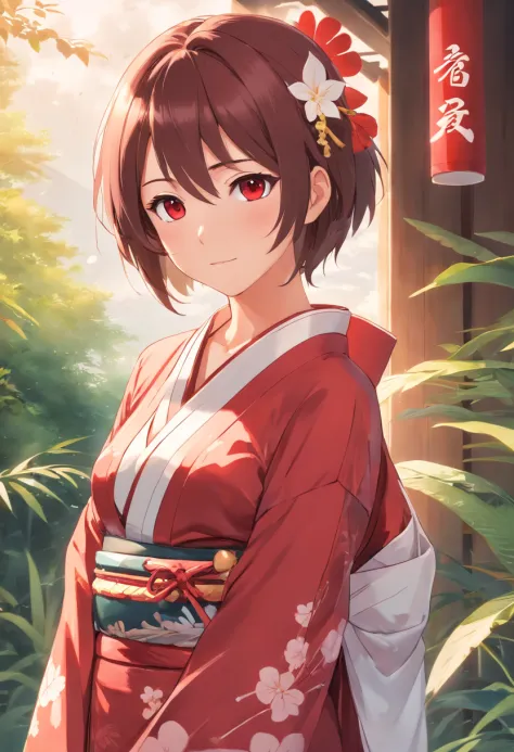 Bigchest，Bare chest，perspire，finely quality eyes，Red pupils，Red and white kimono，No clothing，Fine body，navel，Pure desire，