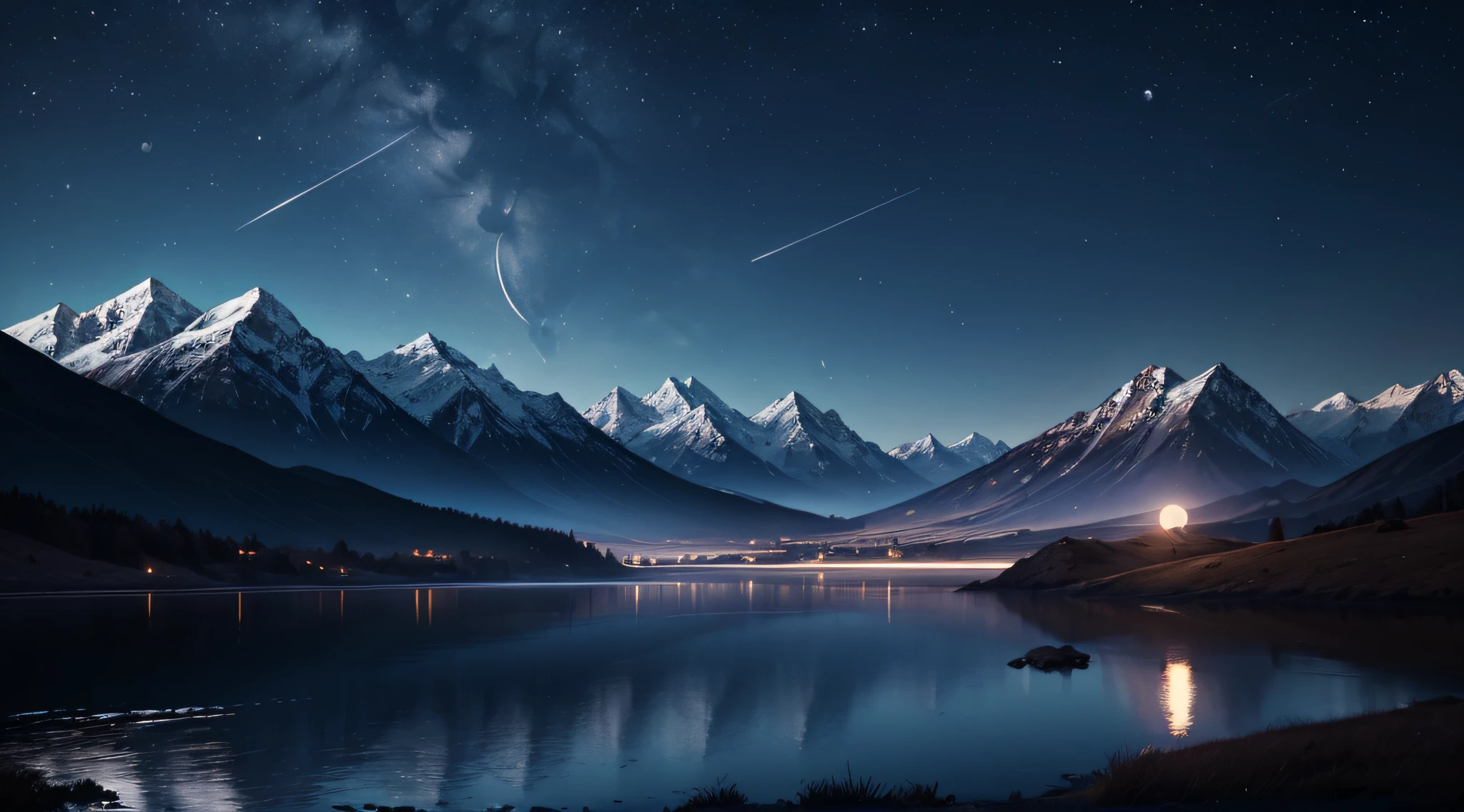 (glowing landscape,moonlight,distant mountains,quiet,dark,high-quality,realistic,clear,high-definition,8K)