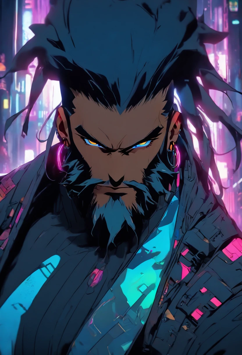 Hombre Cyberpunk con ropa elegante.), (con un largo, barba completa,) (ojos  azules) (retrato) Apariencia hermosa y seria, pelo azul oscuro - SeaArt AI