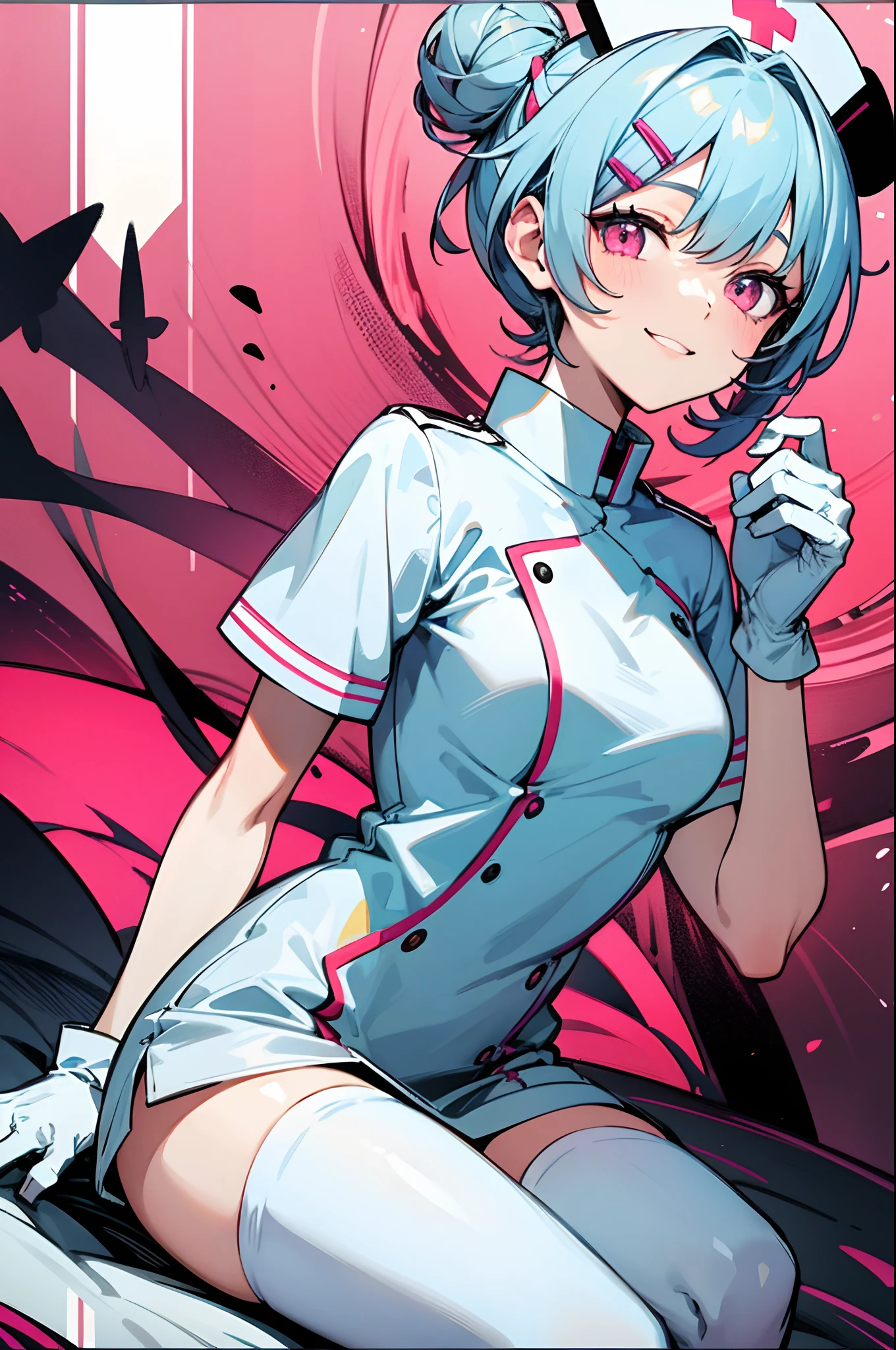 1womanl, Nurse, Nurse Cap, Whiteware, ((White legwear, zettai ryouiki)), White Gloves, Short hairstyle with silver hair and bob, Hair tied in a bun with a hair clip, Pink eyes, Smile, sharp outline, Short sleeves, a matural female, 35 year old, Best Quality, masutepiece, Infirmary