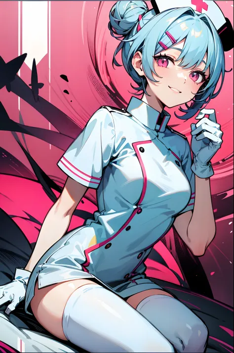 1womanl, nurse, nurse cap, whiteware, ((white legwear, zettai ryouiki)), white gloves, short hairstyle with silver hair and bob,...