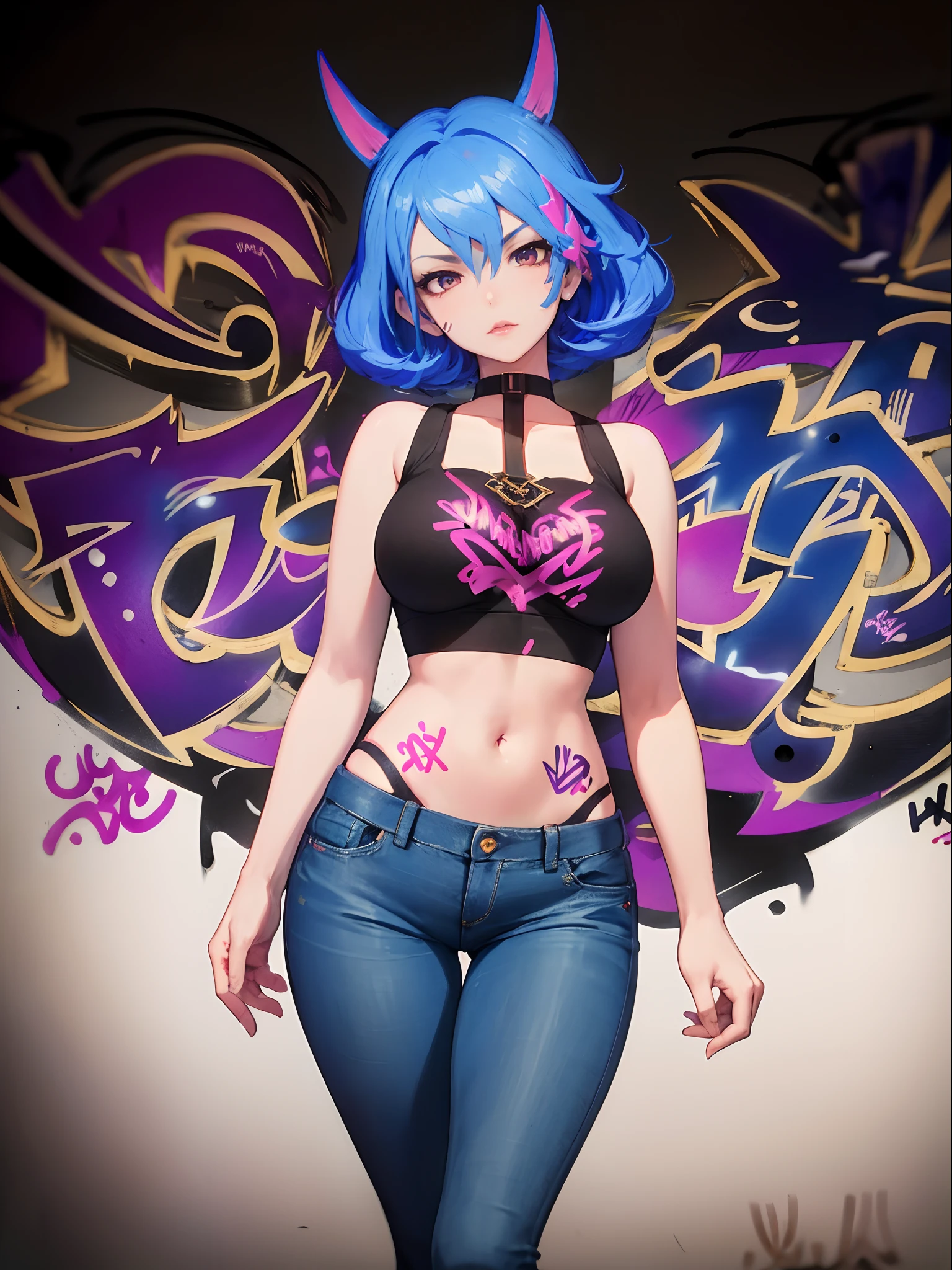 Veera|Arena of Valor, master-piece, bestquality, 1girls,25 years old, proportional body, elongated legs, Beautiful, proportional., crop top, Long Jeans, gigantic breasts, ,bara, crop top, choker, (Graffiti:1.5), Splash with purple lightning pattern., arm behind back, against wall, View viewers from the front., Thigh strap, Head tilt, bored,