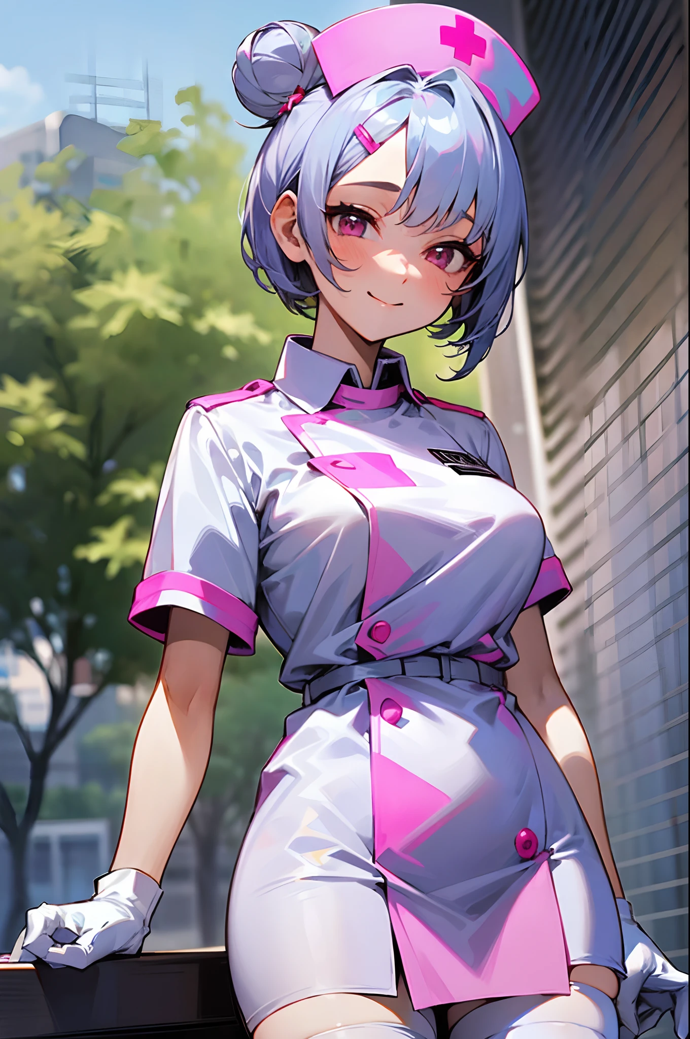 1womanl, Nurse, Nurse Cap, Whiteware, ((White legwear, zettai ryouiki)), White Gloves, Short hairstyle with silver hair and bob, Hair tied in a bun with a hair clip, Pink eyes, Smile, sharp outline, Short sleeves,  Best Quality, masutepiece, Infirmary