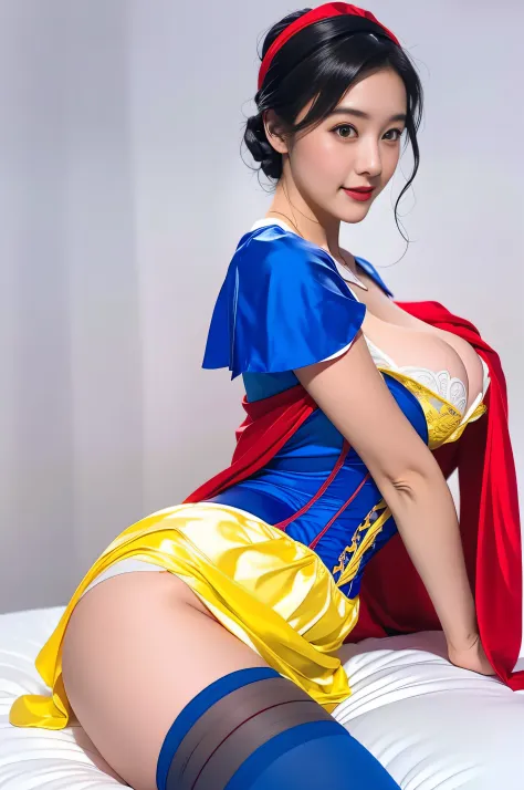 Beautiful Japanese 15 year old woman, wearing snow white cosplay, blue silk corset, red silk cape, yellow silk pleated skater skirt, white leggings, black bob hair, red hairband , silk panties, large breasts, masterpiece, photorealistic, amazingly detailed...