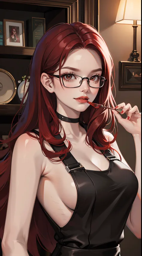 Adult woman, Long red hair, Brown eyes, eyeglasses, red lipstick, large breasts, Black Dense Overall Shape, evil, smirk, fetters, open breasts, Masterpiece, hiquality, 4k, HD, Good detail