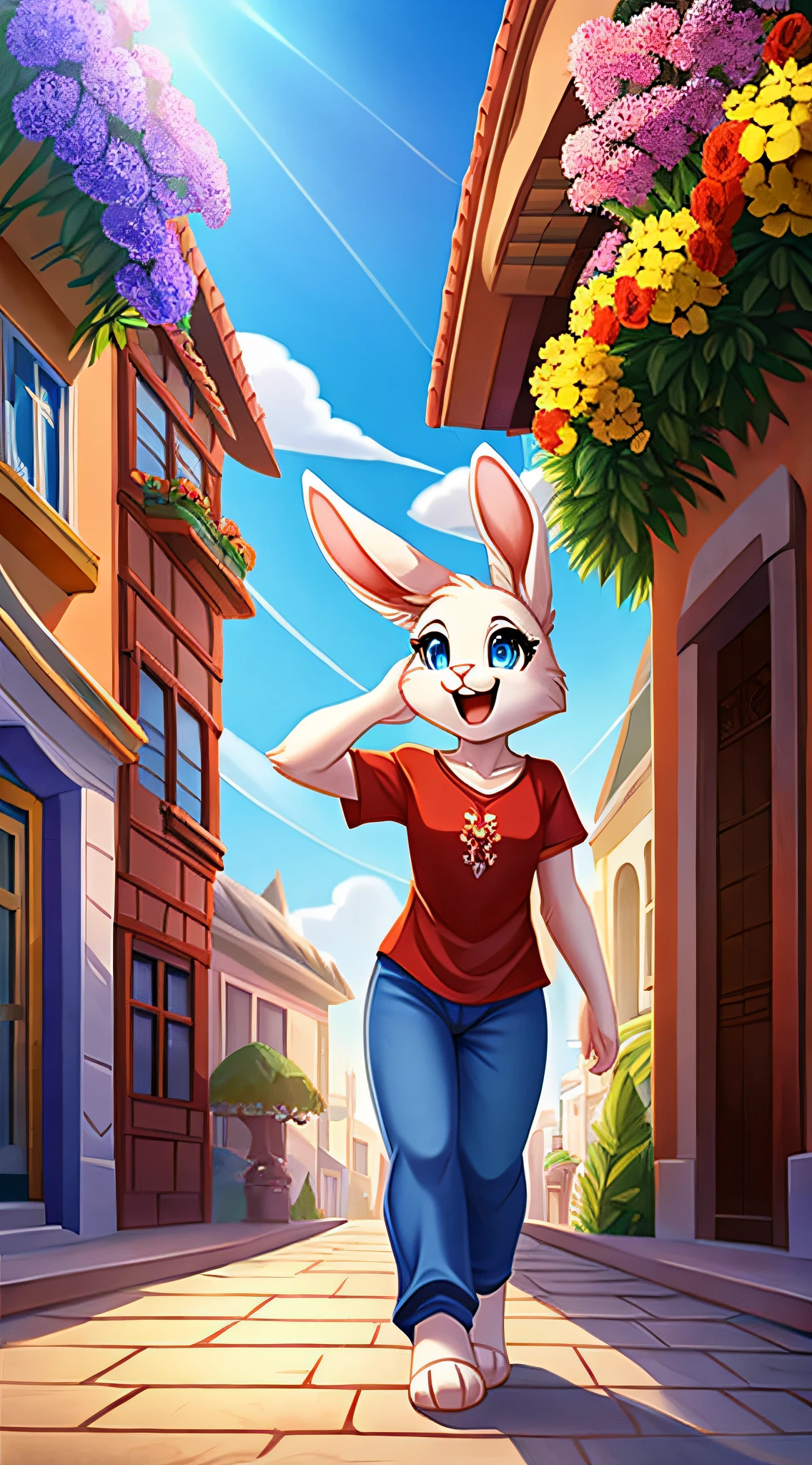 fantasy style art, cute, adorable, attractive, fluffy female white bunny with blue eyes, attractive figure, fully clothed, chaste, 4 ears, 2 extra ears, big floppy ears, long ears, ears perked up, raised ears, long eyelashes, red t-shirt with flower design, ankle length blue jeans, standing in a city street, big expressive smile, open mouth, wide eyes, looking on in wonder, excited eyes, excited face, stunning visuals, sunny day, digital illustration