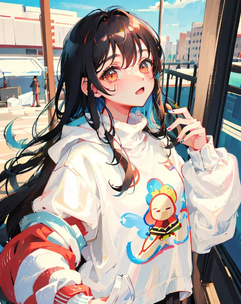 (Realistic painting style:1.0), Masterpiece, Best quality, absurderes, comic strip, illustration,
1 girl, Long hair, Black hair, Cute girl, young and cute girl, Korean girls, {Breasts}, 
long-sleeves sweater, Wear a long-sleeved sweater, Beige sweater,