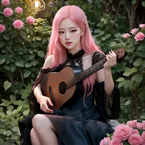 In the moonlit pink roses garden, a girl in a flowing black dress strums a guitar gently and pink hair. Her beautiful detailed eyes capture the ethereal glow, while her exquisite lips hum along with the rhythm. Surrounding her, vibrant flowers bloom in an ...