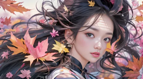 32K autumn view（tmasterpiece，k hd，hyper HD，32K）Long flowing black hair，ponds，zydink， a color， Autumn （Sexy girl）， （Blue and white silk scarf）， Combat posture， looking at the ground， long whitr hair， Floating hair， Carp pattern headdress， Chinese long-sleev...
