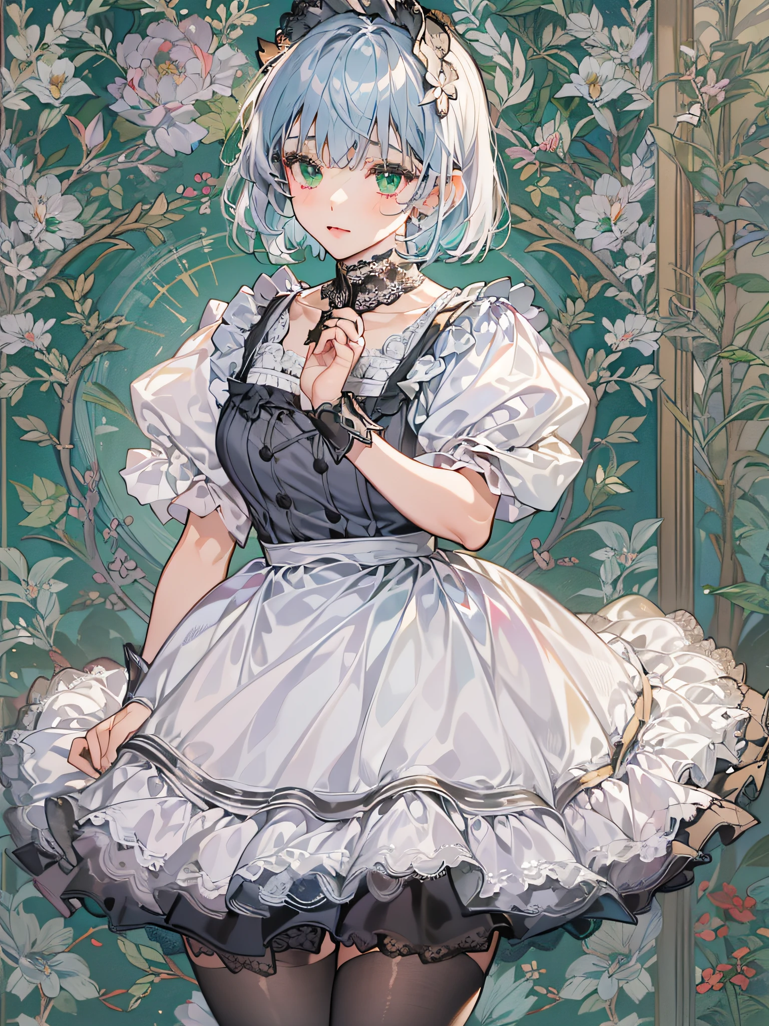 teen girl, solo, full body, blue silver hair, blunt bangs and short hair, green eyes, She is standing and pinching her skirt by fingers and greeting curtsy, She is wearing black maid costume, white lace collar with, white color apron that has breastplate and has white lace ruffles at shoulder straps, head dress with white lace ruffles, black strapped shoes, Mucha-Style Backgrounds