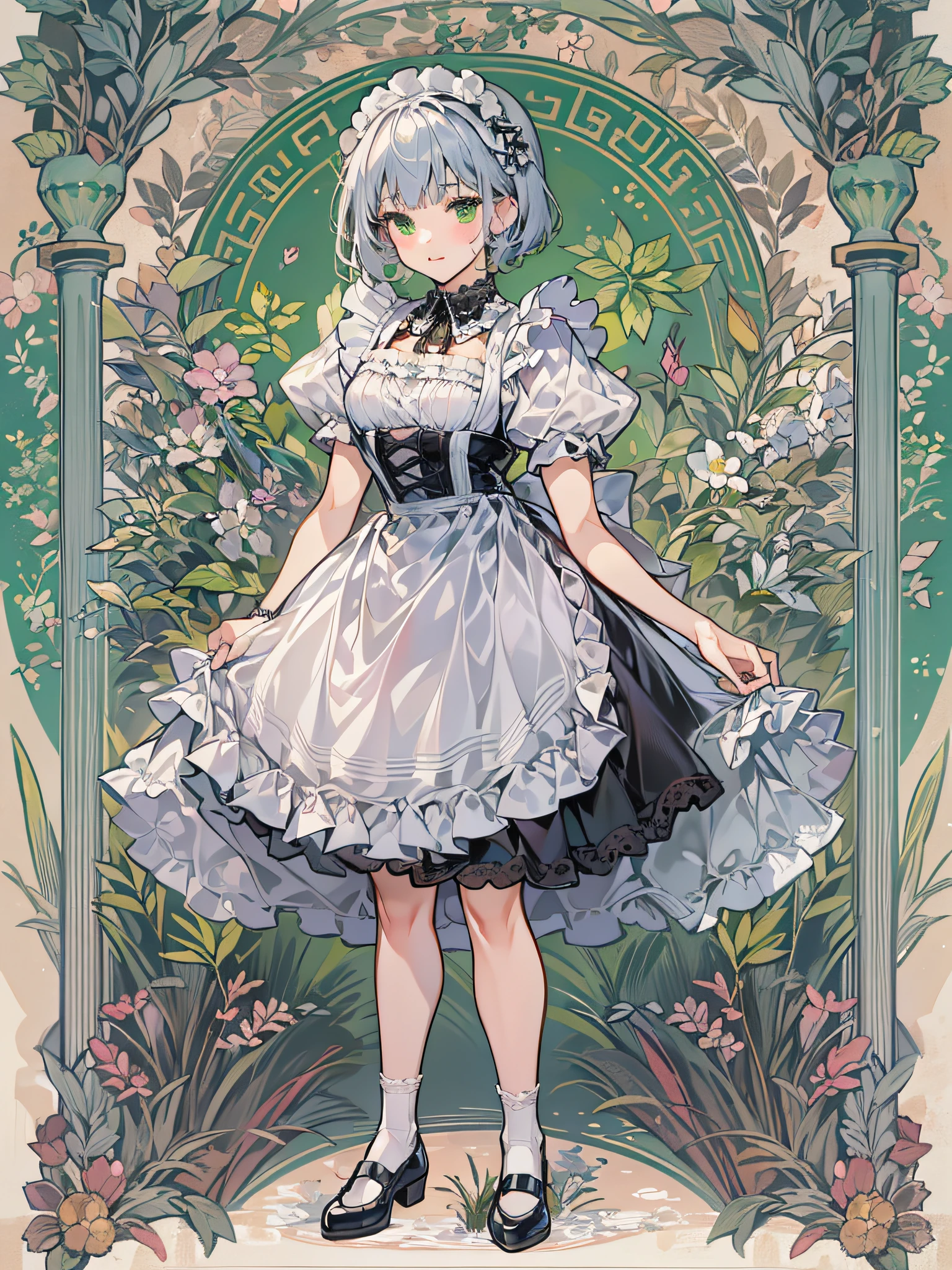 teen girl, solo, full body, blue silver hair, blunt bangs and short hair, green eyes, She is standing and pinching her skirt by fingers and greeting curtsy, She is wearing black maid costume, white lace collar with, white color apron that has breastplate and has white lace ruffles at shoulder straps, head dress with white lace ruffles, black strapped shoes, Mucha-Style Backgrounds