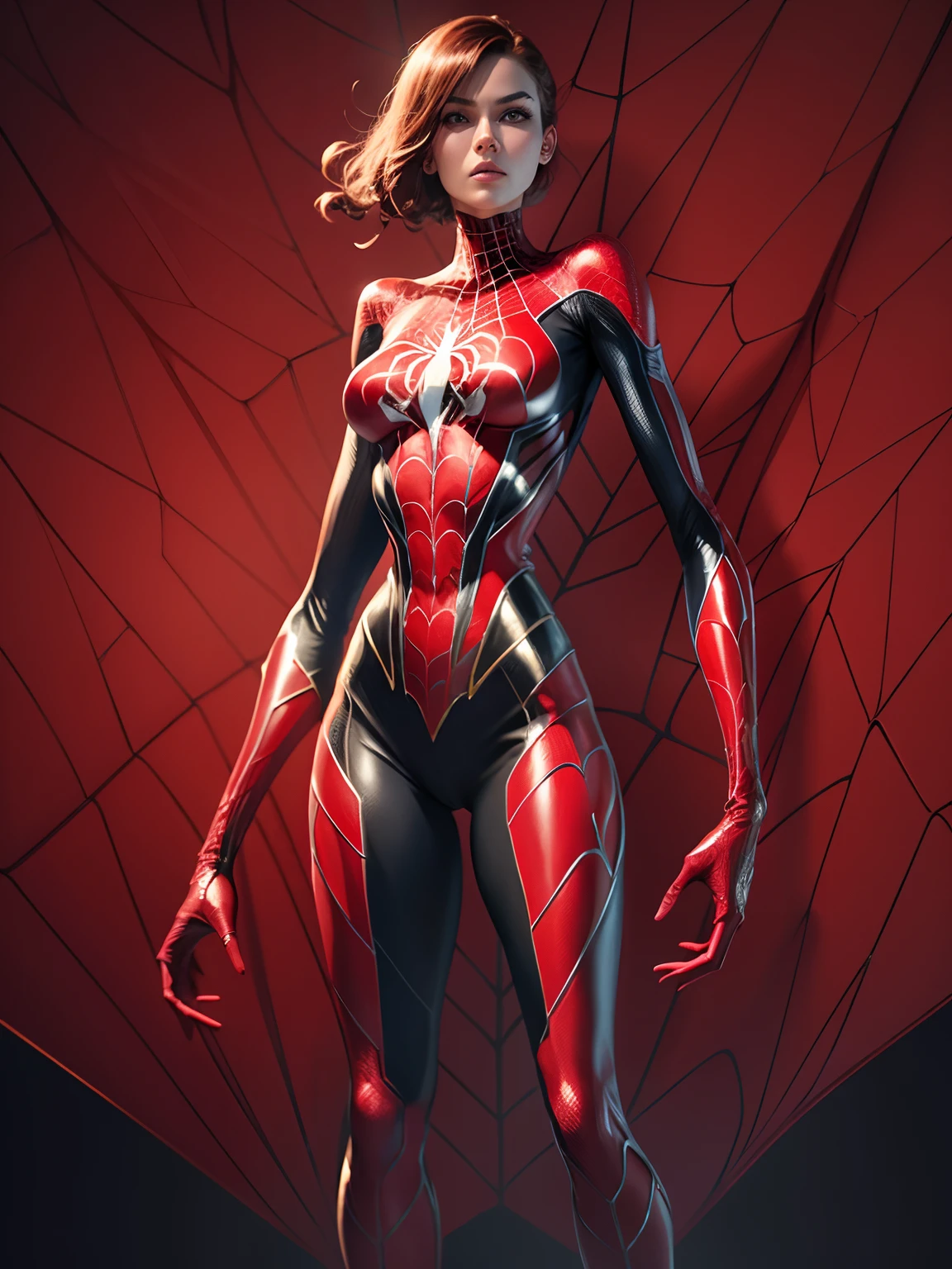 A woman in a red and black suit standing in front of a spider - man -  SeaArt AI