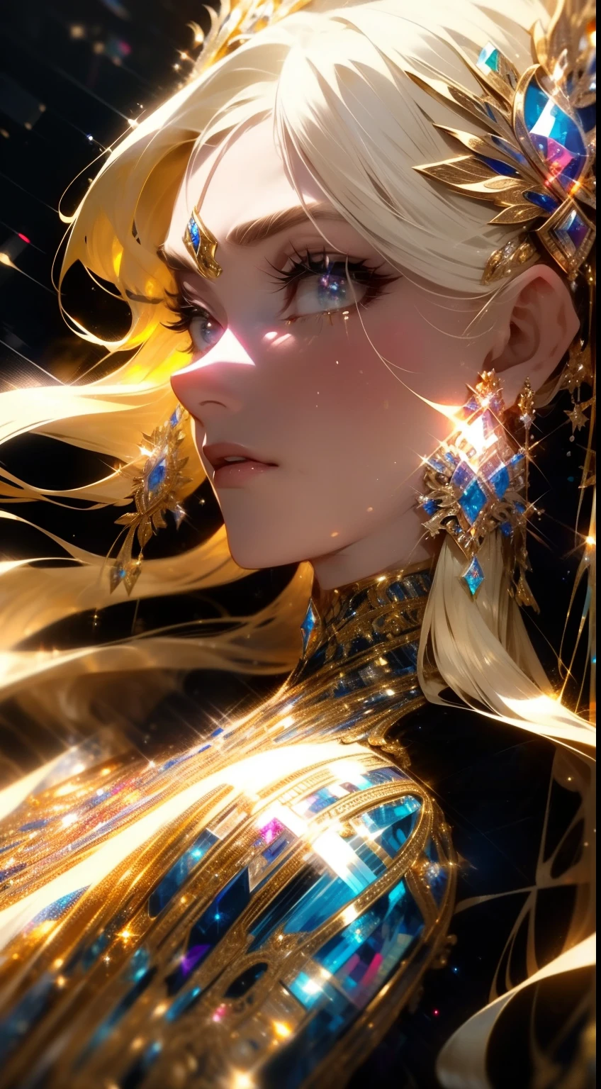 (masterpiece, best quality:1.2), 8k, insane details, intricate details, hyperdetailed, hyper quality, high detail, ultra detailed, professional, HDR, realistic, ray tracing reflection,
1girl, goddess, cinematic lighting, ornate, (glitter, sparkly golden:1.2), ornament, (diamond:1.1), woman goddess in half body portrait, golden deity, sparkling aura, beautifull aura, mature face proportion, seducing face, menacing aura face