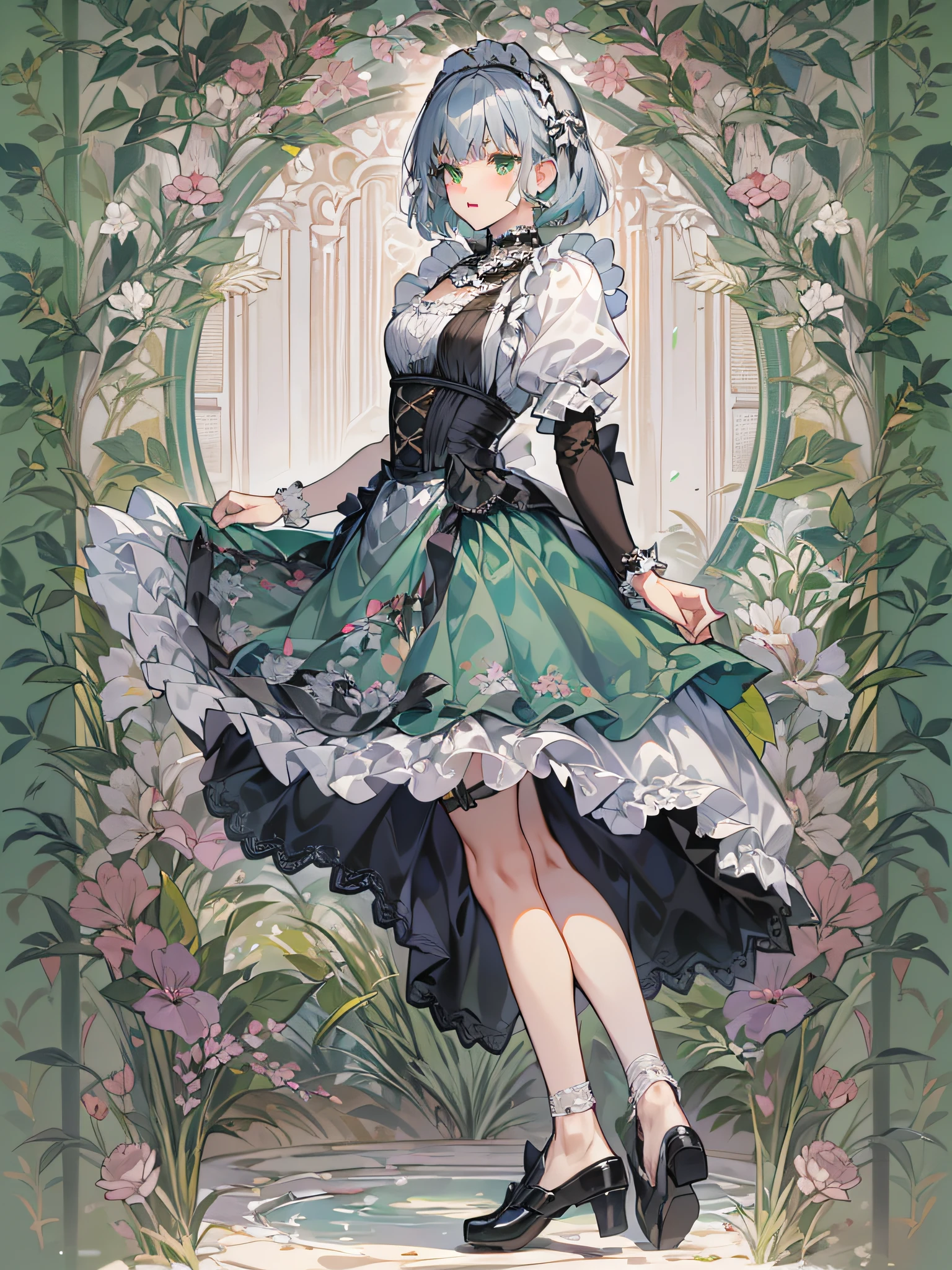 teen girl, solo, full body, blue silver hair, blunt bangs and short hair, green eyes,  She is standing one foot and other foot to back that is arabesque style like a ballet, She is wearing black maid costume, white lace collar with, white color apron that has breastplate and has white lace ruffles at shoulder straps, head dress with white lace ruffles, black strapped shoes, Mucha-Style Backgrounds