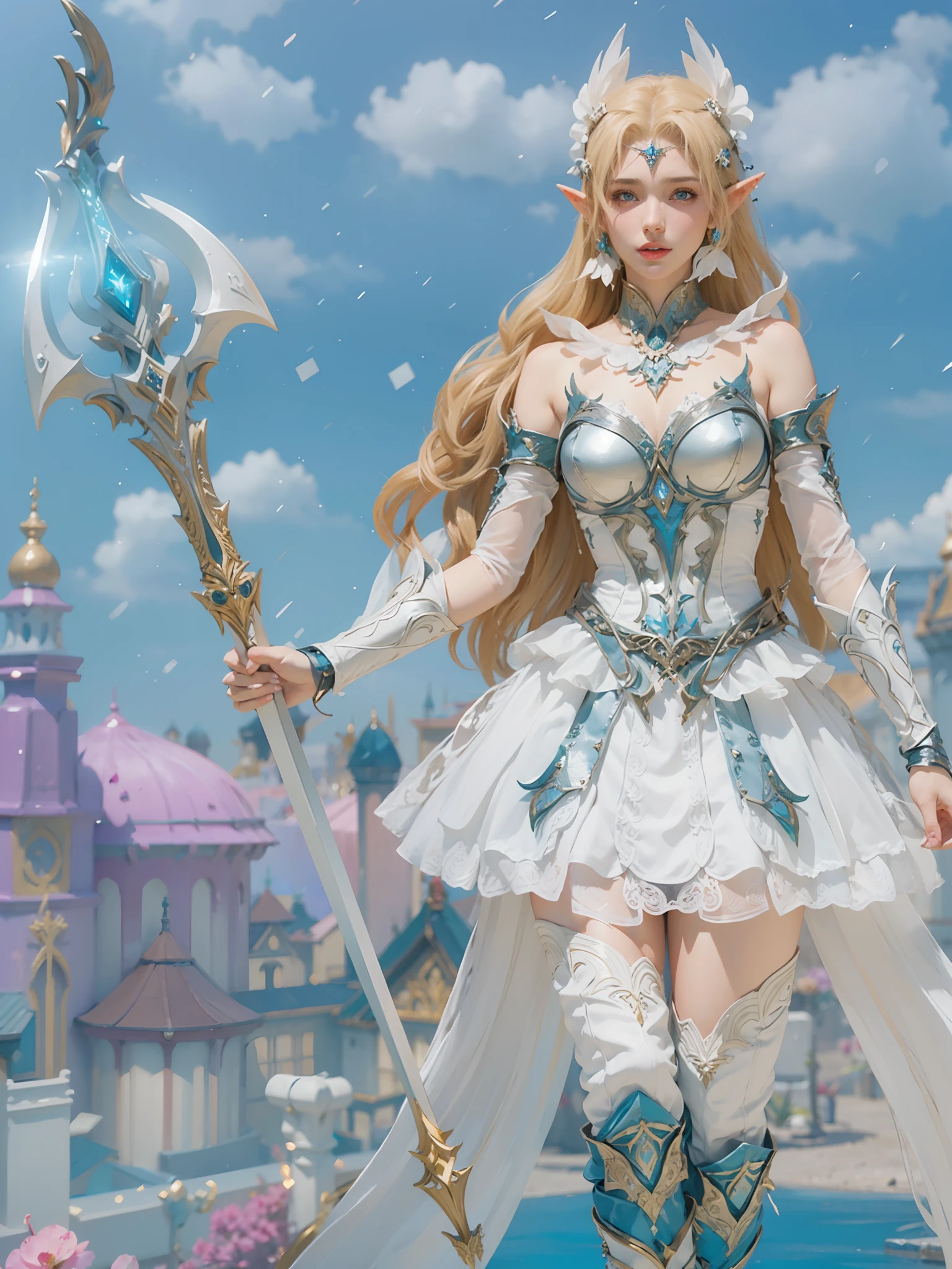 there is a woman in a white dress holding a sword, alluring elf princess knight, elf princess knight, fantasy art style, fantasy outfit, epic fantasy art style hd, hyperdetailed fantasy character, mystical atlantean valkyrie, 3 d render character art 8 k, lineage 2 revolution style, epic mage girl character, stuning fantasy 3 d render