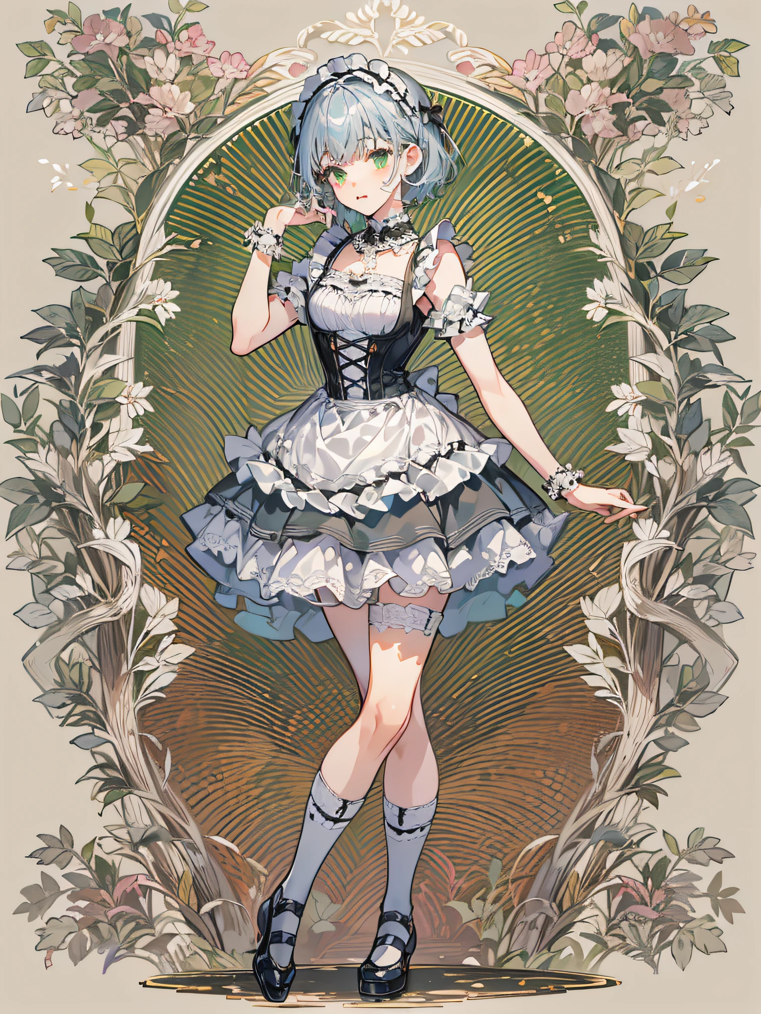 teen girl, solo, full body, blue silver hair, blunt bangs and short hair, green eyes,  She is standing one foot and other foot to back that is arabesque style like a ballet, She is wearing black maid costume, white lace collar with, white color apron that has breastplate and has white lace ruffles at shoulder straps, head dress with white lace ruffles, black strapped shoes, Mucha-Style Backgrounds