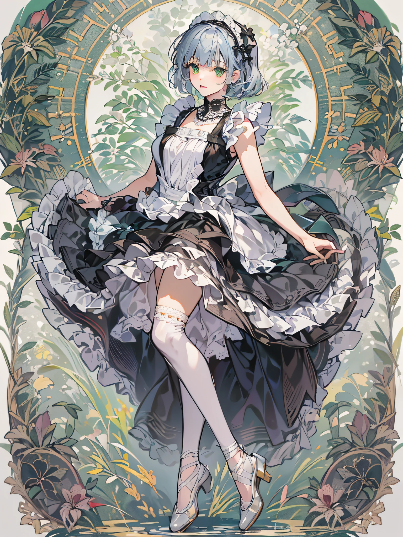 teen girl, solo, full body, blue silver hair, blunt bangs and short hair, green eyes,  She is standing one foot and other foot to back that is arabesque style like a ballet, She is wearing black maid costume, white lace collar with, white color apron that has breastplate and has white lace ruffles at shoulder straps, head dress with white lace ruffles, black strapped shoes, Mucha-Style Backgrounds