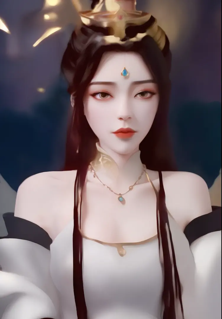 (best quality,ultra-detailed,realistic:1.37), black hair, golden crown, golden necklace, jeweled on forehead, large, open breasts, looking forward, ((fantasy Chinese queen)), chinese traditional costume, elegant standing posture, palace backdrop, vibrant c...