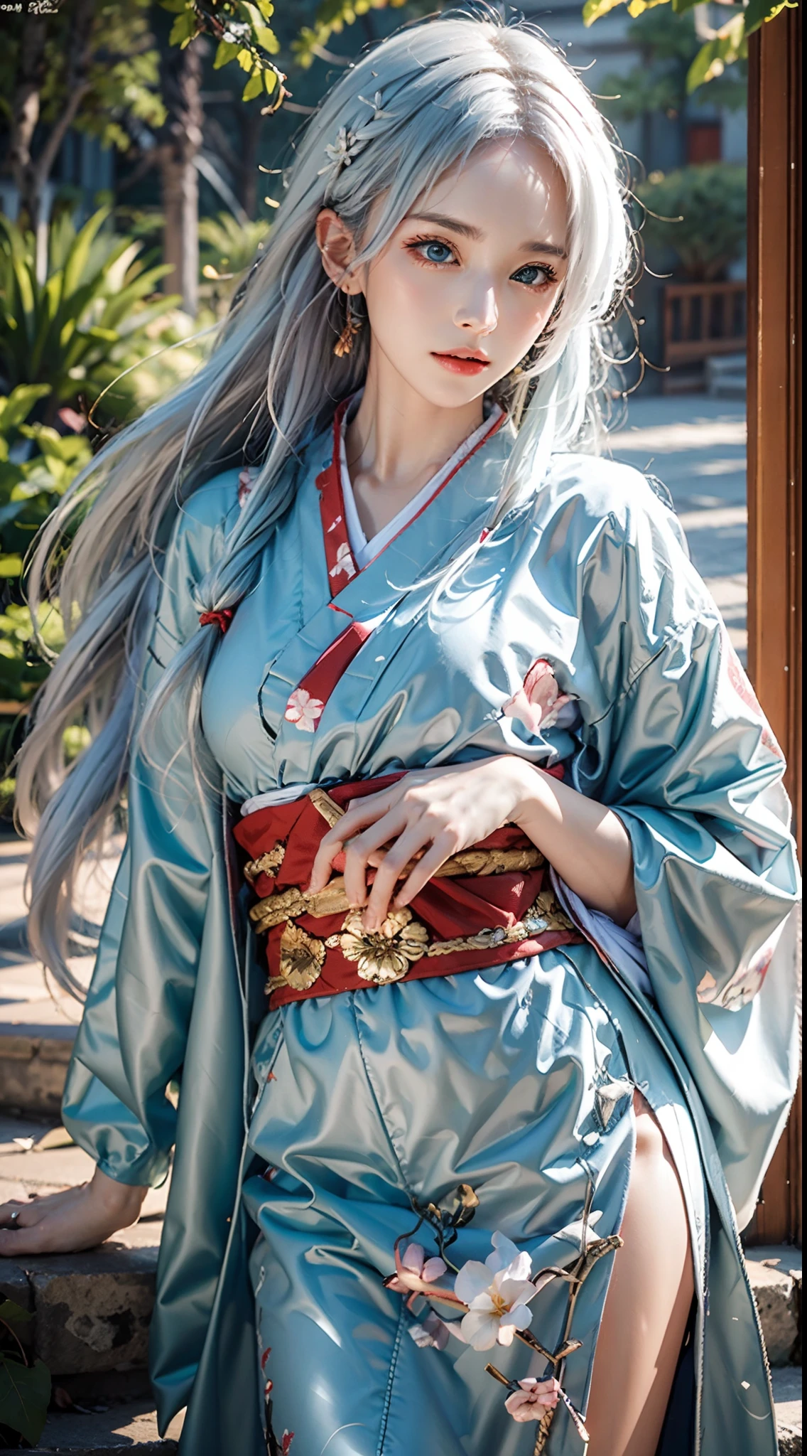 photorealistic, masterpiece, photorealistic, high resolution, soft light, hips up, blue eyes, white hair, long hair, green kimono, floral pattern, cherry blossoms