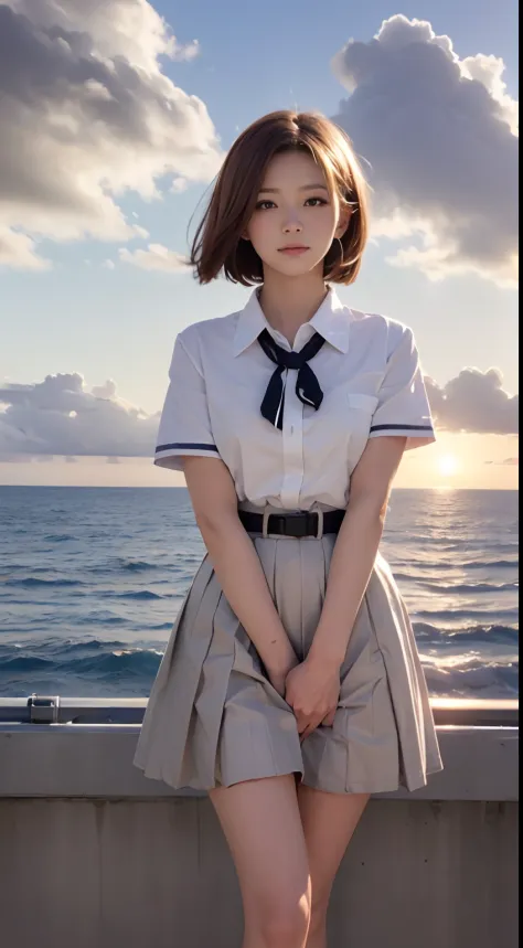 (Best Quality, hight resolution, masutepiece :1.3), (Taken from below), Pretty Woman, Orange sunset sky, Sun and clouds on sea background, Cute girl in uniform. Her hair is light brown in medium bob style. She wears a white blouse and pleated skirt, Stand ...