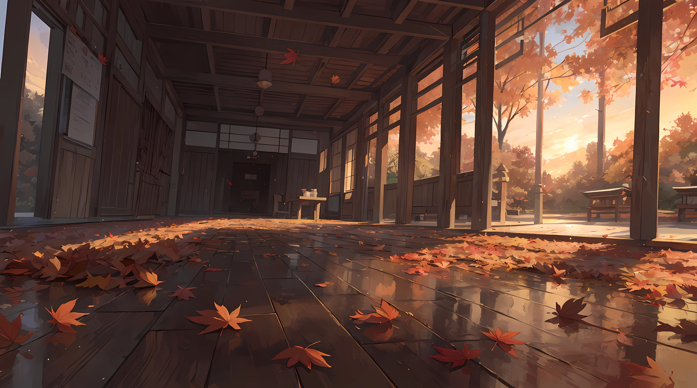 (((sunset:1.5, sunset light:1.3, moody light:1.3, cinematic light:1.3)))), An illustration of the scenery of the autumn leaves are depicted in a double layer due to the mirror reflection of Korin-in, Daitoku-ji Temple. at night, ultra-detailed, hyper-sharp, digital illustration, Place: Daitokuji Korin-in room Time: Autumn Subject: A specular reflection of autumn foliage The illustration depicts the specular reflection of autumn leaves on a table in the interior of Daitokuji Korin-in Temple. The table is in a room with a calm atmosphere like a tea room. The scenery of autumn leaves is clearly projected on the table. The scenery of autumn leaves is thought to have been seen from famous spots for autumn leaves such as the Sanmon Gate and Hojo in the precincts of Daitokuji Temple. The autumn leaves are dyed in various colors such as red, yellow, and orange, creating an atmosphere of autumn. (((In the illustration, the autumn leaves are depicted in a double layer due to the mirror reflection: 1.5))), which further emphasizes the beauty of the autumn leaves. In addition, the mirror reflection connects the interior and the landscape of the precincts, giving a sense of the depth of the space. Fittings such as shoji and fusuma in the room light from window Vividly expressing the colors of autumn leaves Emphasizing the beauty of autumn leaves by mirror reflection Expressing a space where the interior and the scenery of the precincts are connected