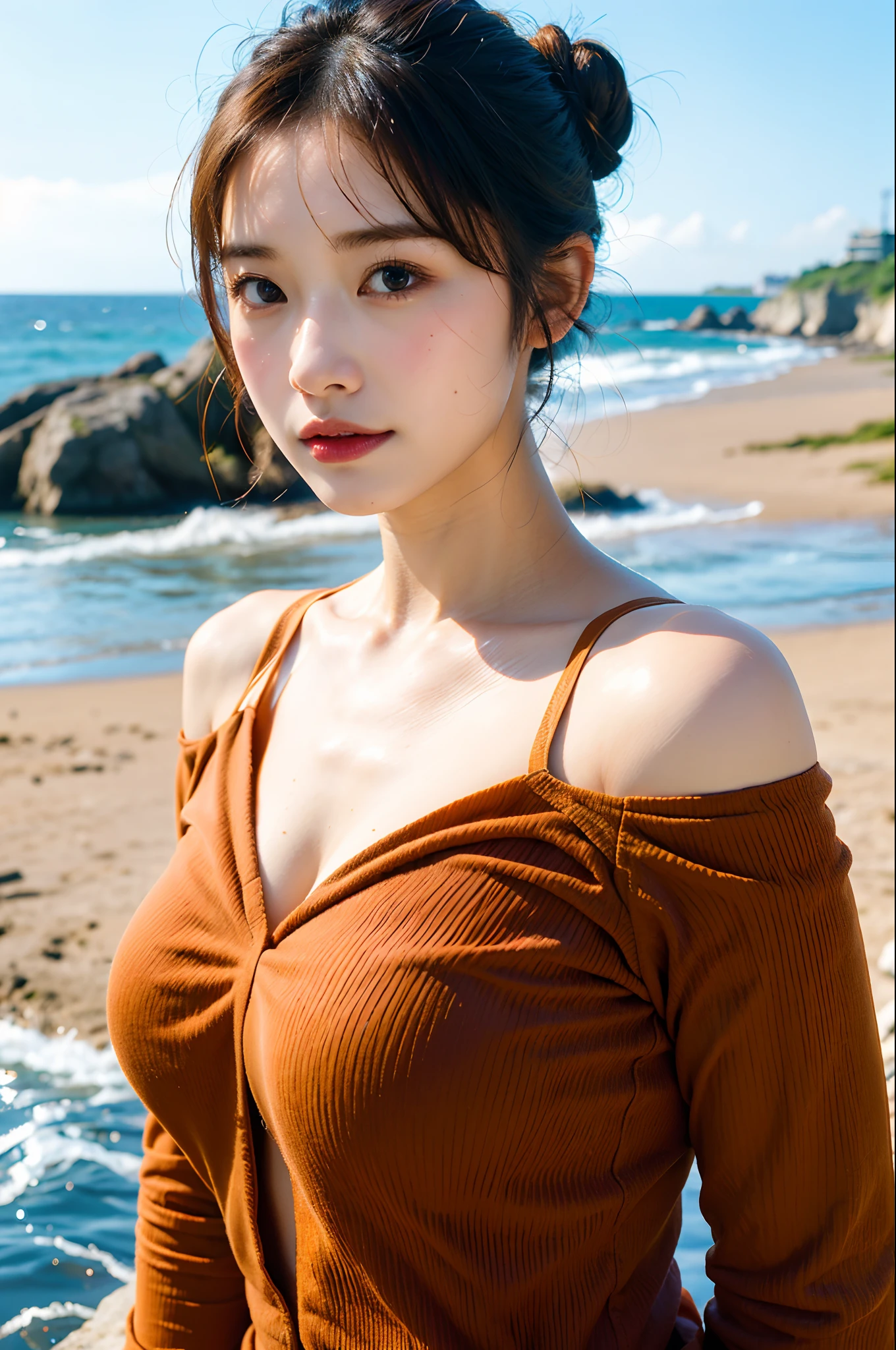 10, super detail, C.professor., bestquality, bestquality, (Best Quality A masterpiece:1.2), Cynical women, ((seaside, waves)), scenary: city, (scenary), Upper body, large , (double bun), (off shoulders, brown shirt:1.1), high wind, oily shiny skin, Blurry Background,