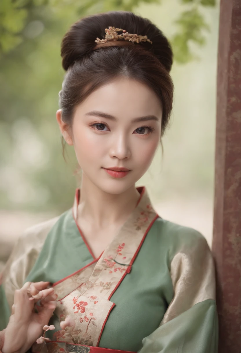 A beautiful woman dressed in Han costume，hands behind body，standing on your feet，hair-bun，Hanfu，middle aged women，aged 40，Stunning，｛Full body like｝，(Best quality,4K,8K,A high resolution,Masterpiece:1.2),(Ultra-detailed),(Realistic,Photorealistic,photo-realistic:1.37),(hdr),(hyper HD),(Studio lighting),(Ultra-fine painting),(Sharp focus),(Physically-based rendering),(Extreme detail description),(professional),(Vivid colors),(Bokeh),(sportrait),(Chinese calligraphy),(Warm color tones),(Soft lighting)，exteriors，Chinese Ancient Architecture