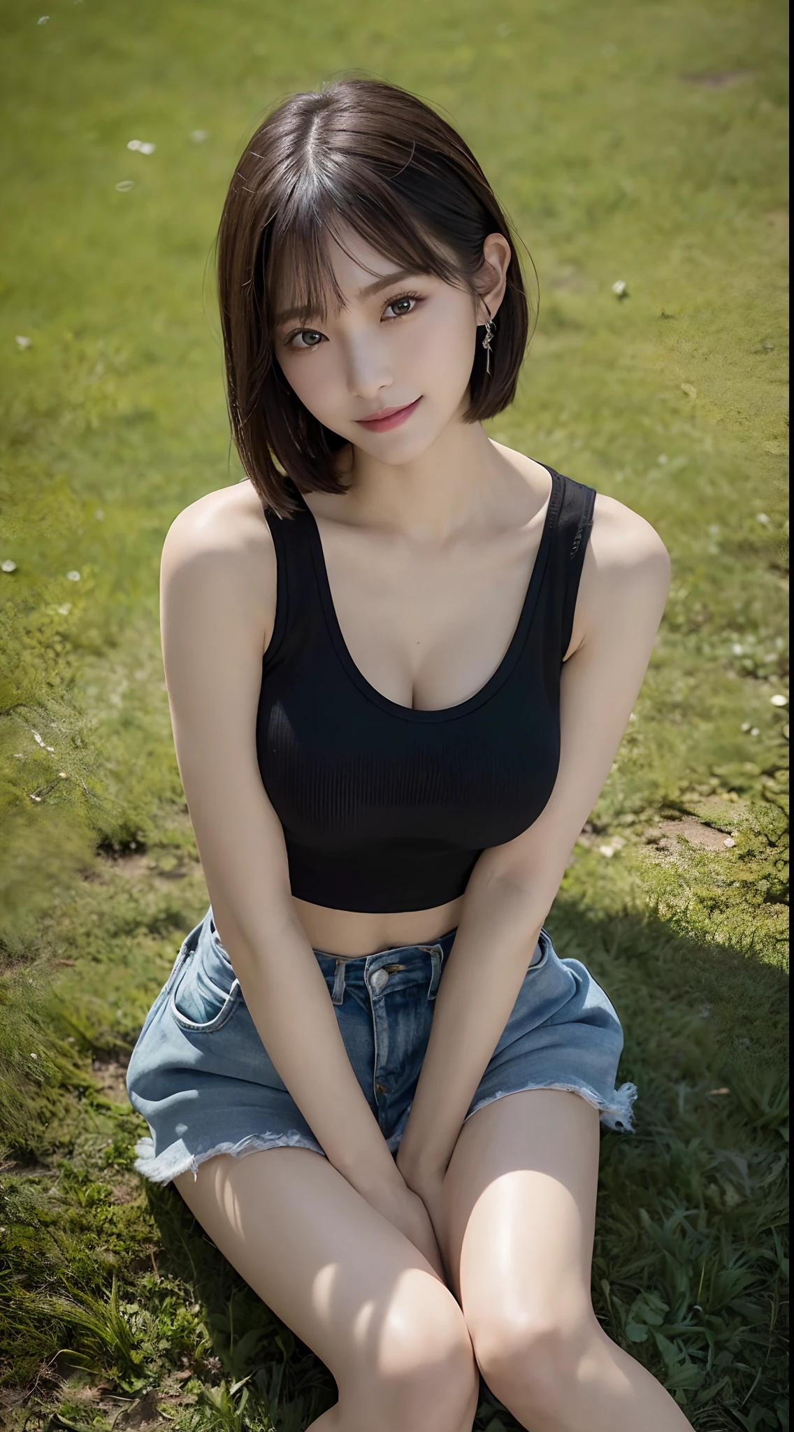 Innocent 20 year old girl、((Black tank top, Dramatic poses)),Smile,short-cut,Natural parks、Raw photo, (8K、top-quality、​masterpiece:1.2)、(intricate detailes:1.4)、(Photorealsitic:1.4)、octane renderings、Complex 3D rendering ultra detail, Studio Soft Light, Rim Lights, vibrant detail, super detailing, realistic skin textures, Detail Face, Beautiful detail eyes, Very detailed CG Unity 16k wallpaper, make - up, (detailedbackground:1.2), shinny skin, Full body、cleavage of the breast,((Sitting with your legs open on the grass、Angle looking down from above))