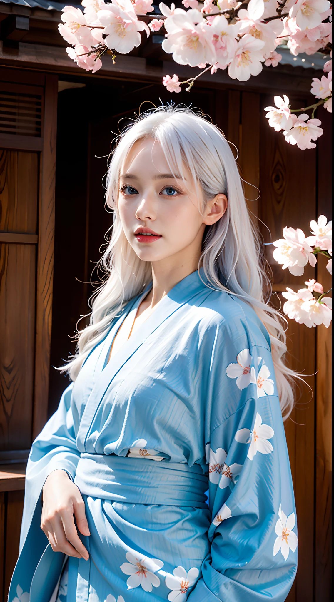 photorealistic, masterpiece, photorealistic, high resolution, soft light, hips up, blue eyes, white hair, long hair, black kimono, floral pattern, cherry blossoms