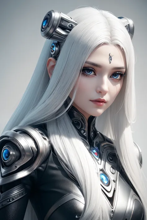Close up of woman with long white hair in black and silver costume, cyborg - girl with silver hair, beautiful white girl cyborg,...