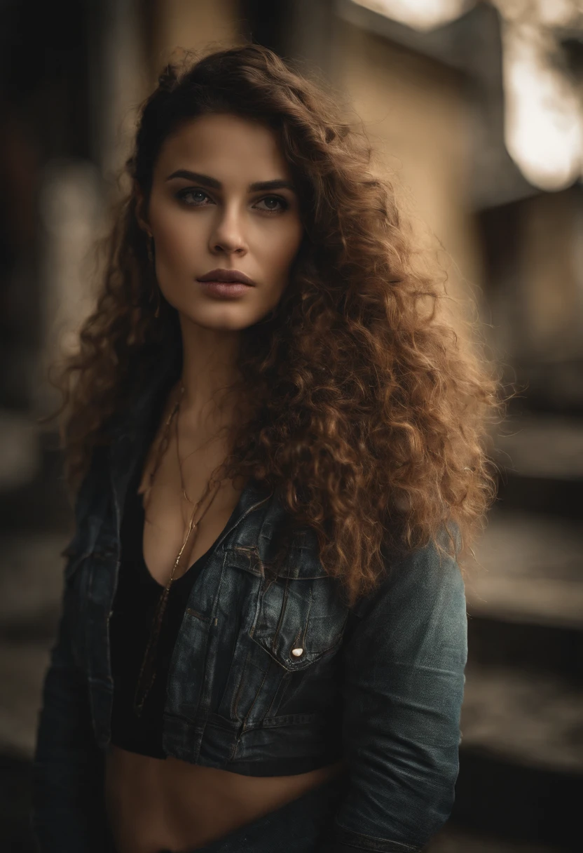 A woman with long curly hair wearing a denim jacket - SeaArt AI